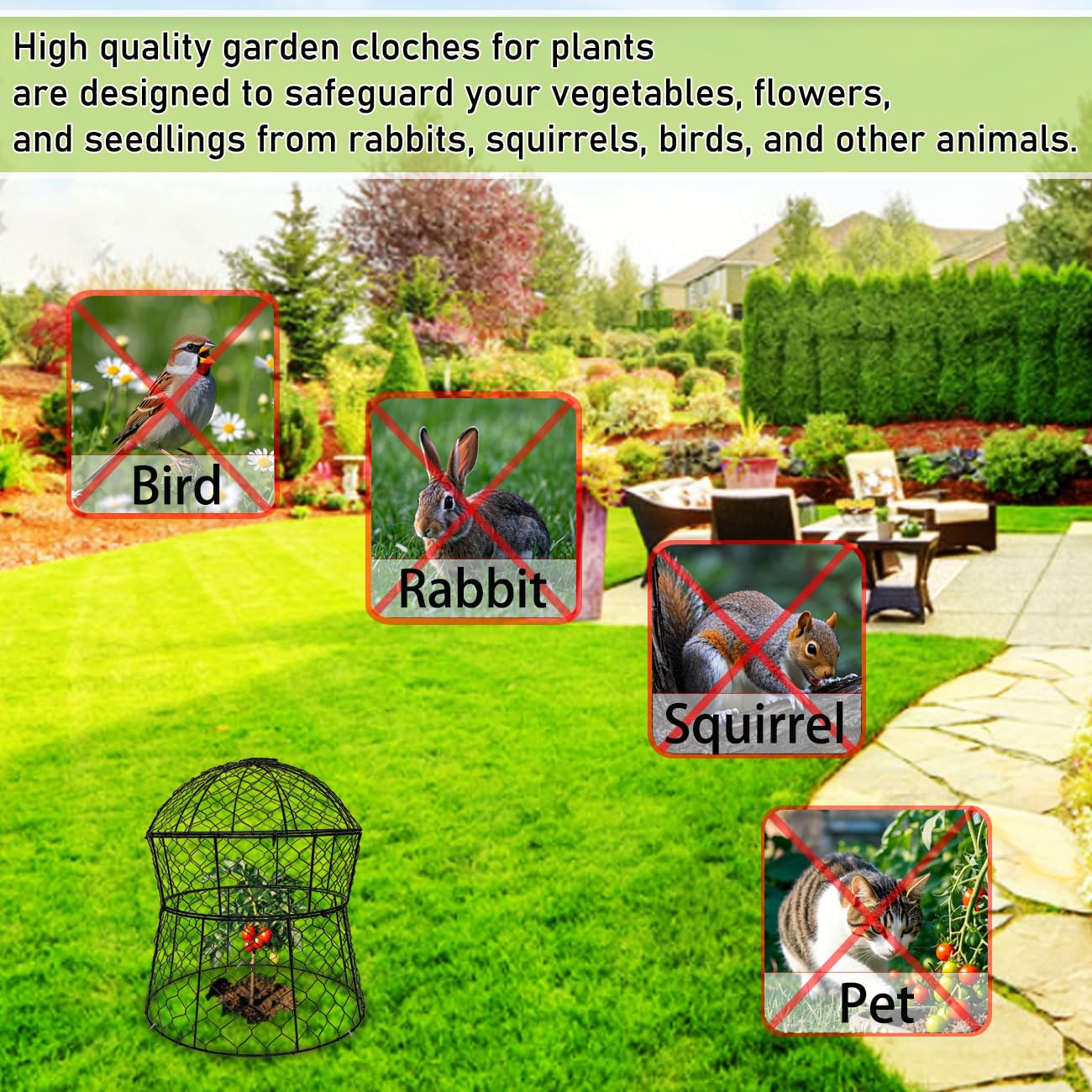 Lot de 2 cloches de jardin en métal pour plantes contre les animaux, cloches en fil de poulet, cages à plantes mises à jour pour plantes d'extérieur, légumes, semis, 33 x 35,6 cm