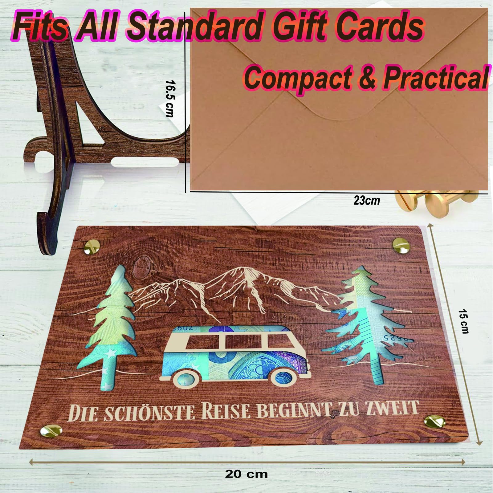 Regali in denaro per matrimonio, regali di nozze per sposi, in legno, 20 × 15 cm, biglietto di nozze con biglietti di auguri e busta, regalo di nozze per sposi, luna di miele