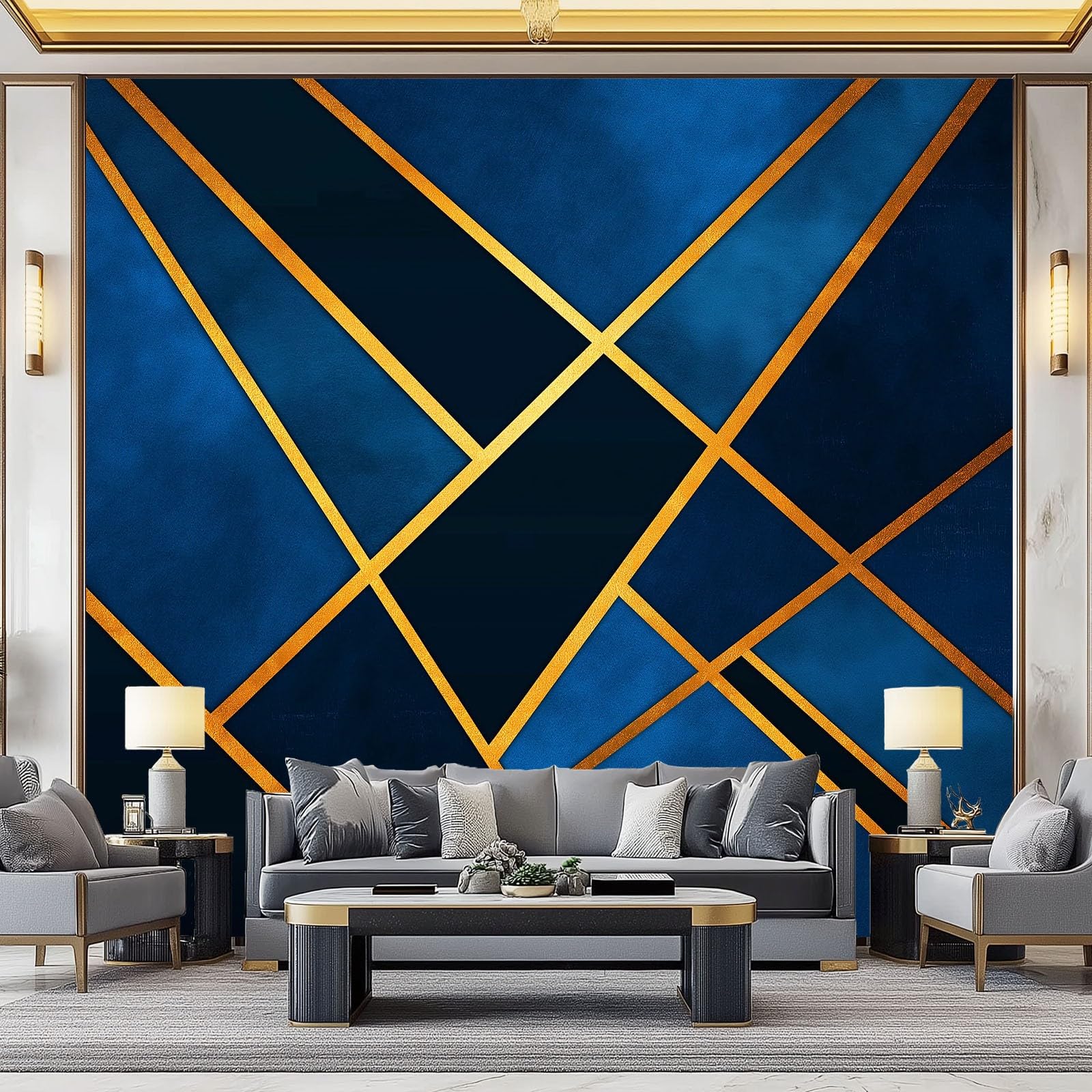 Nowoczesna geometryczna tapeta panoramiczna diamentowa kratka 200 x 140 cm wysokiej jakości gobelin ścienny z włókniny - dekoracja ścienna, do pokoju dziecięcego i biura ciemnoniebieski