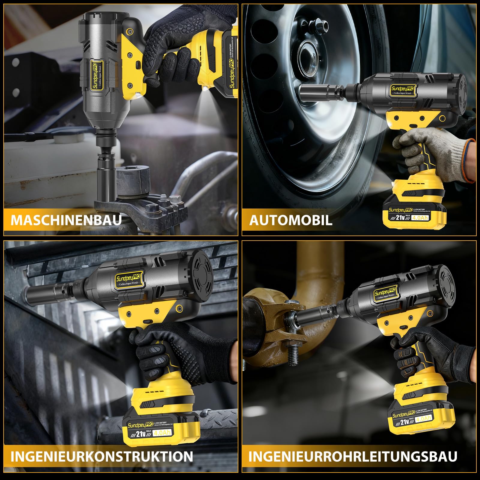 Akku Schlagschrauber 2100N·m, Bürstenloser Schlagschrauber mit Hohem Drehmoment und 2 x 4,0 Ah Akku, Impact Wrench mit 3/4" auf 1/2" Adapter, 5 Stecknüssen und Koffer für Auto, LKW, Gelb