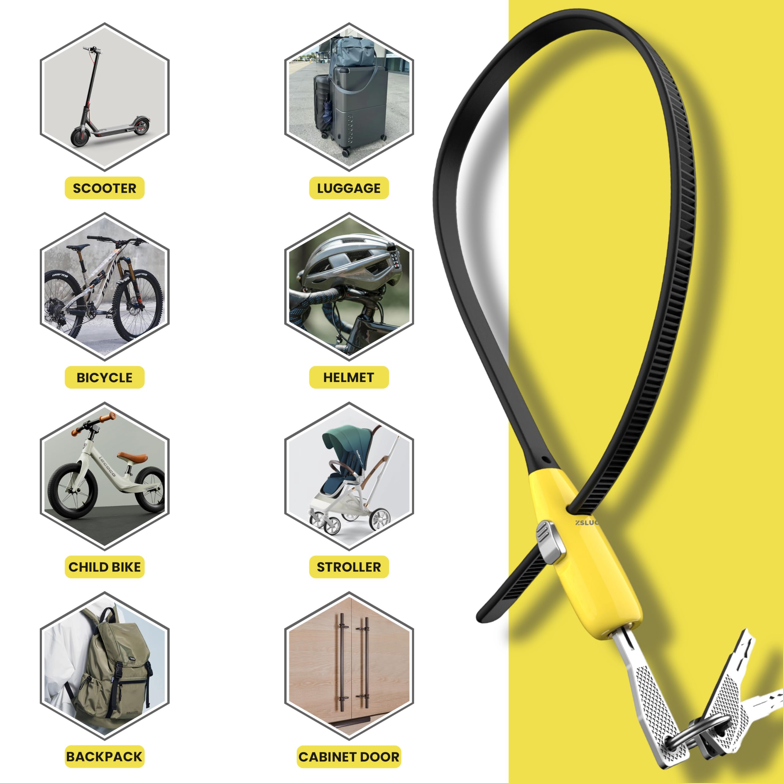 Antivol à fermeture éclair avec 3 clés - 50,8 cm - (1 ensemble, jaune) - Câble antivol en acier inoxydable résistant aux intempéries pour vélos, portails, poussettes, bagages, réfrigérateurs et