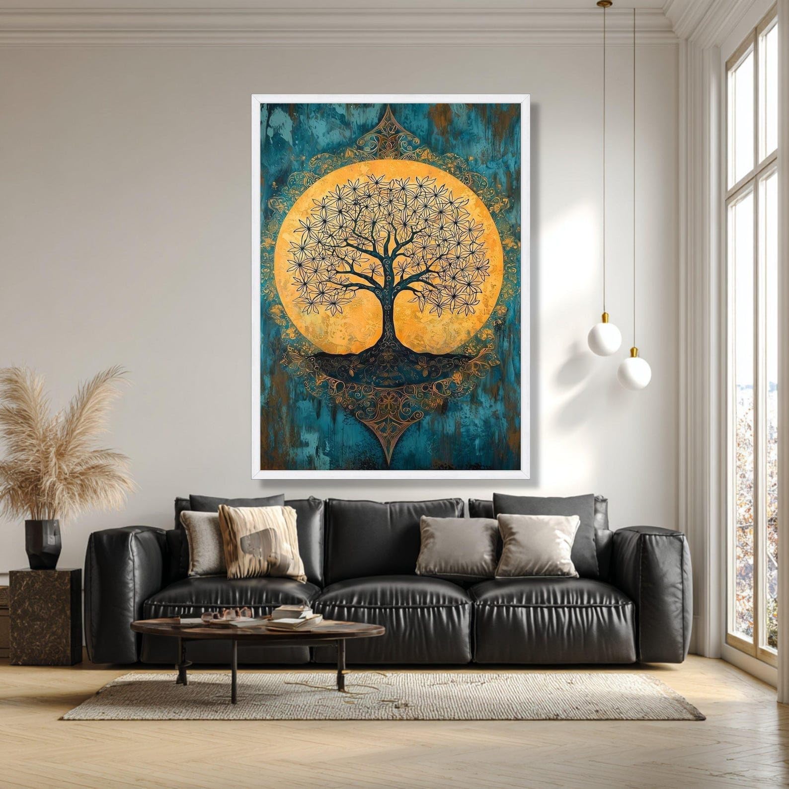 LMYCHENG Obraz na płótnie drzewo życia, niebieski i złoty plakat w stylu vintage, duchowy obraz boho na płótnie, dekoracja ścienna do domu (50 x 70 cm/wewnętrzna rama)
