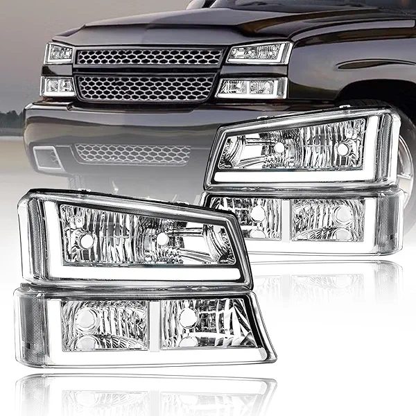 Fullux LED DRL Headlights Assembly fit 2003-2006 Chevy Silverado & Avalanche 1500 2500 without Factory Cladding Replacements Headlamp Clear Reflector Chrome Housing