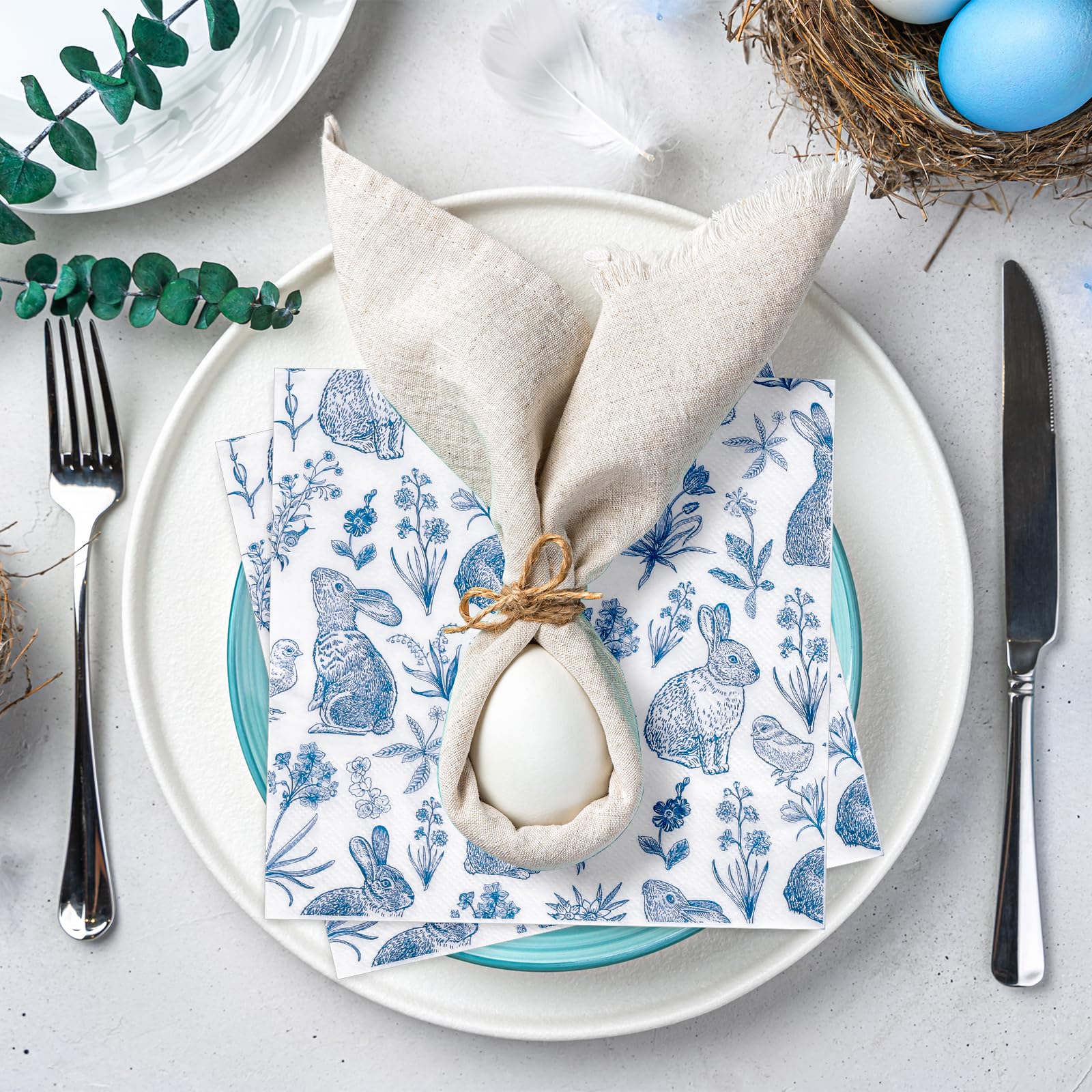 Whaline Papierservietten Retro – 50 Stück, Hasen & Blumen Design, Blau-weiß, 33x33 Cm, Für Ostern & Feste