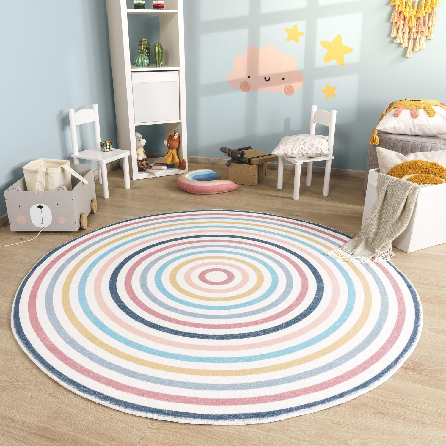 Alfombra Habitación Infantil De Juego Bebe Lavable Arcoíris Sol Moderna, Color:GrisAzulAmarillo, Tamaño:120 cm Rund