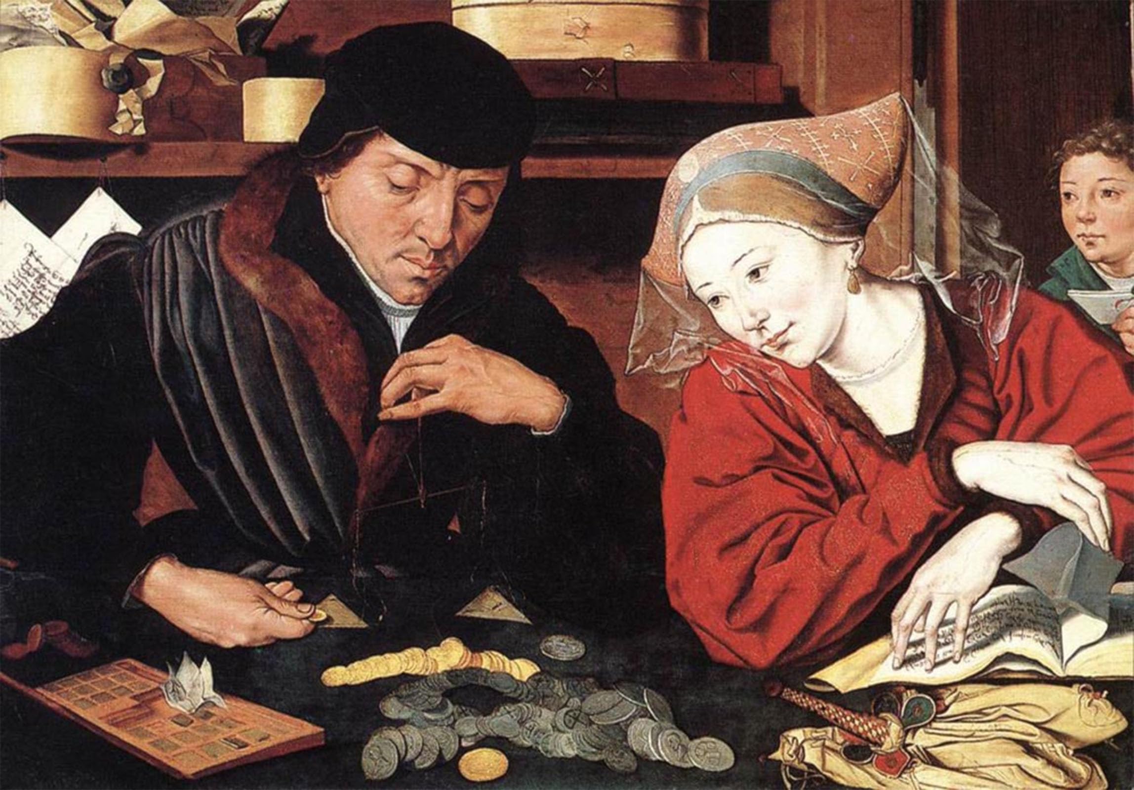 SERENDIPITP Abstract Painting Mural Print Picture Wall Decor Painting the Banker and His Wife by Marinus Van Reymerswaele Vintage Wall Artwork for Home Decor 60x90cm