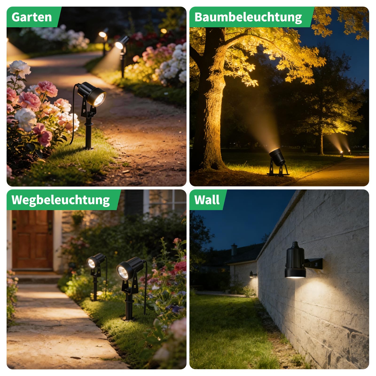 6 Gartenbeleuchtung LED, Gartenstrahler LED Außen Wasserdicht mit Warmweiß 3000K, IP67 Wasserdichter, 20m 24V Gartenleuchten mit Adapter, Gartenstrahler für Terrasse, Gartenweg, Party, Rasen, Erdspieß