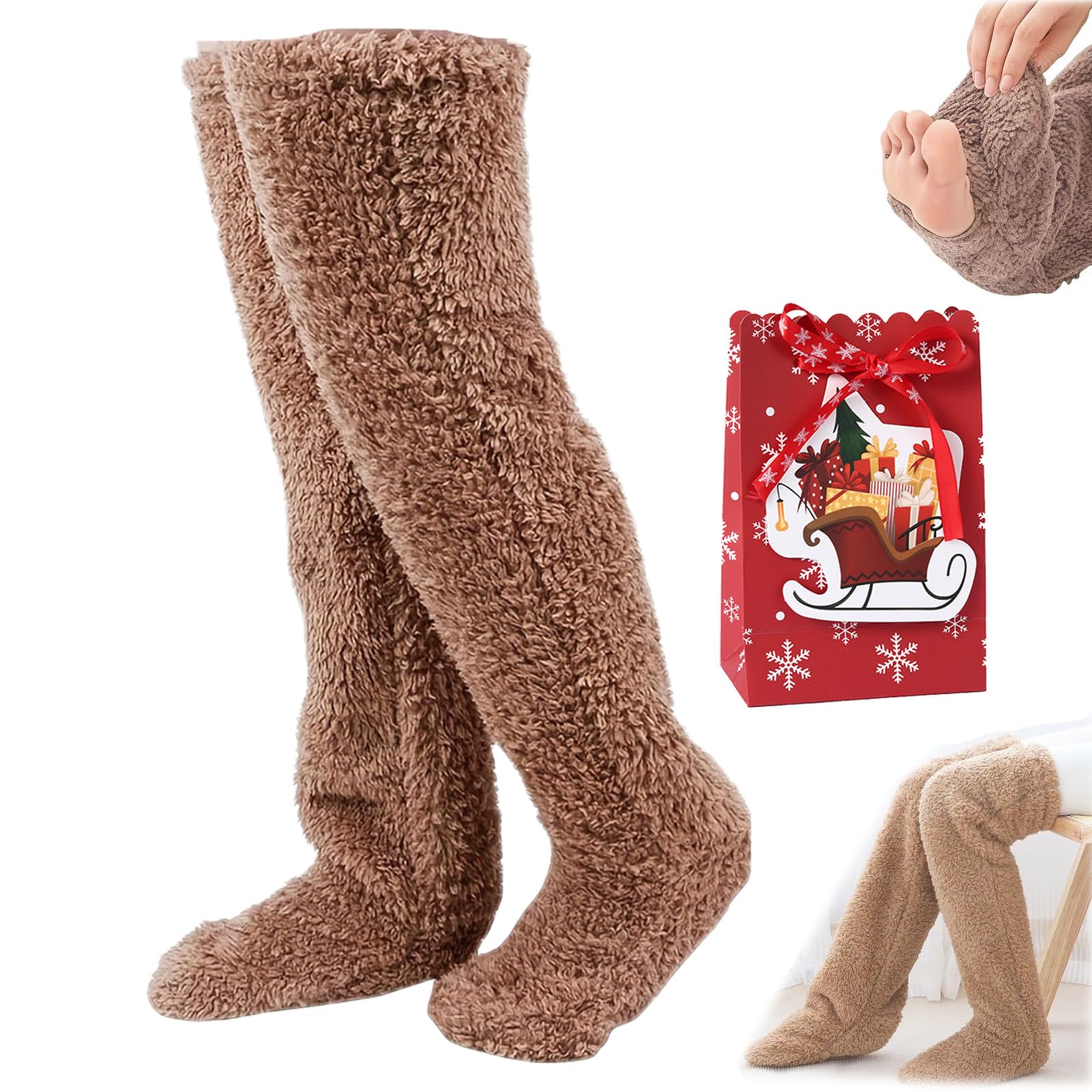 NNBWLMAEE Goose Down Knee Socks for Christmas, Socks Long Fuzzy Thigh High Warm, Thickened Goose Down Leg Warming Knee socks, Plush Warmth Long socks, for the Winter, Adult Men and Women (brown)
