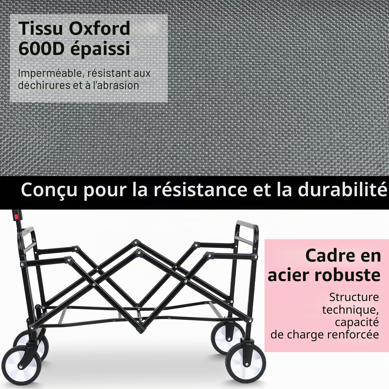 Chariot de Plage Pliable Poignée Réglable Chariot de Jardin Chariots de Transport pour Transport, Plage, Camping, Courses, Chariot de Jardinage Chariot à roulettes avec Jusqu’à 60KG (Gris)
