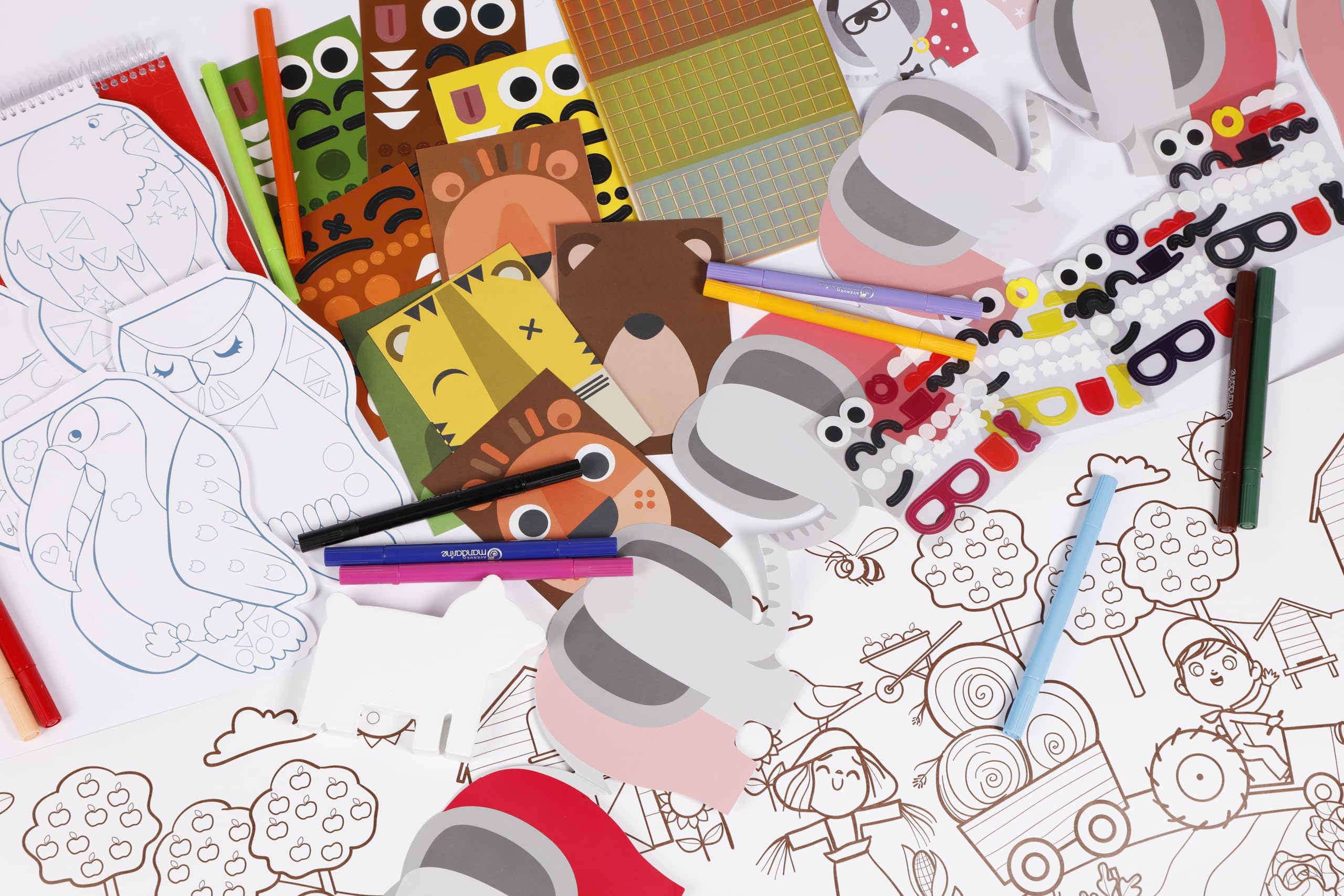 MY MANDARINE LOTCREA3C - Pack Activités Créatives Enfants 2-4 Ans, Kit Éveil Créatif avec Feutres Double Pointe, Stickers, Ours à Décorer, Graffy Roll & Shapes, Pochettes Animaux pour Loisirs Créatifs