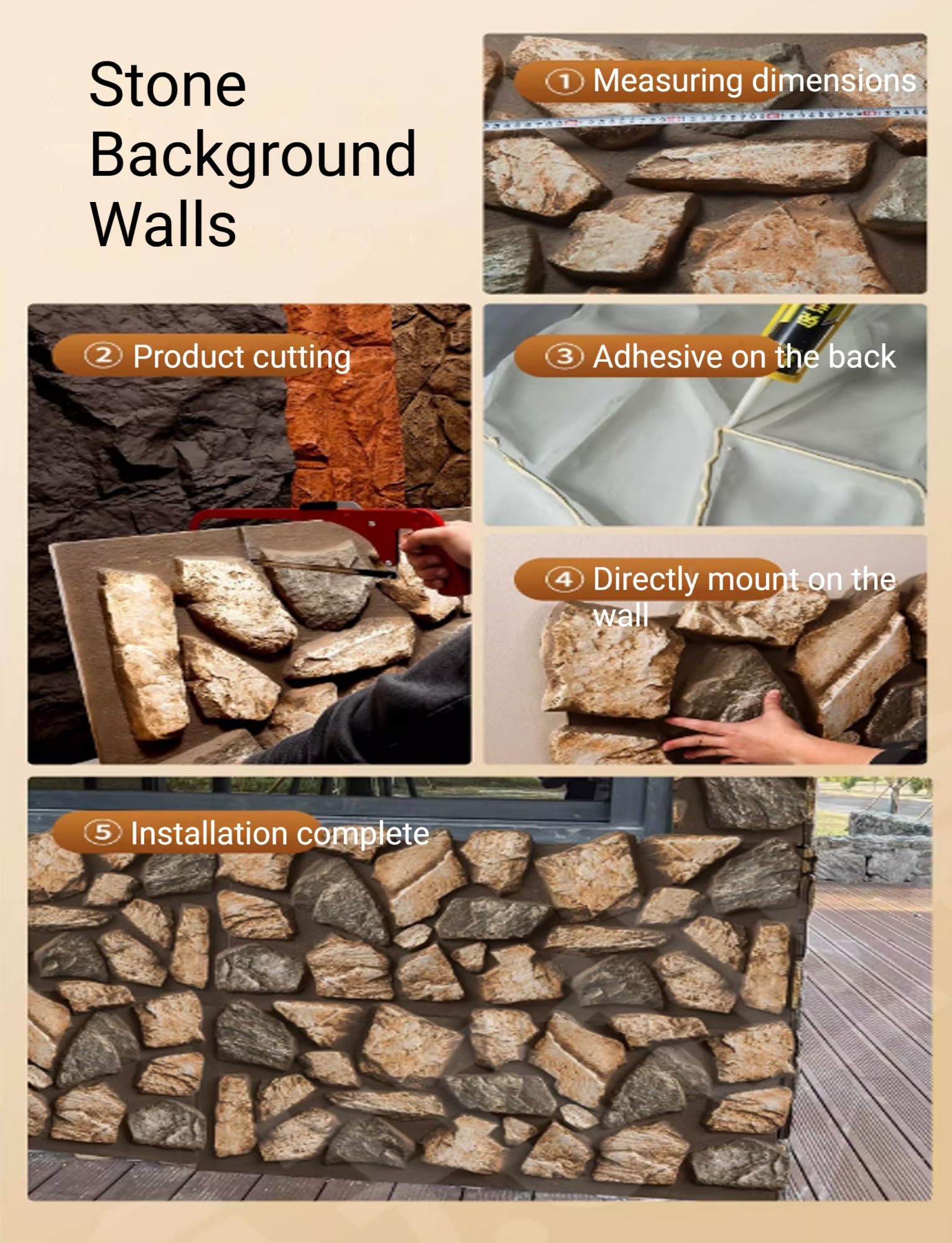 Paneles de pared 3D, aspecto de piedra sintética, revestimiento de madera de PU impermeable for decoración de paredes interiores y exteriores, 47,2 x 24 pulgadas(Size5)