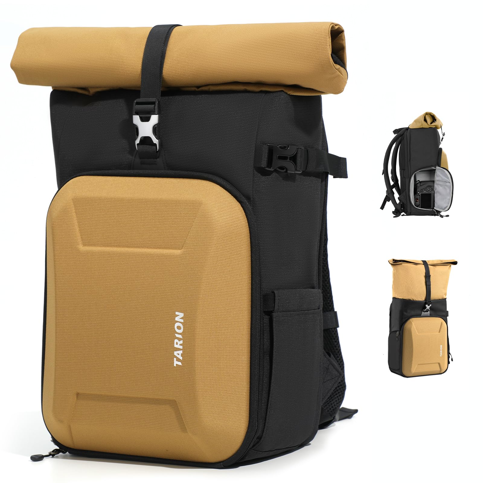 TARION Kamerarucksack Rolltop Fotorucksack mit Hartschale: Professionelle Kameratasche Spiegelreflex mit 16 Zoll Laptopfach für DSLR SLR Kameras Objektive Stativ(Gold)