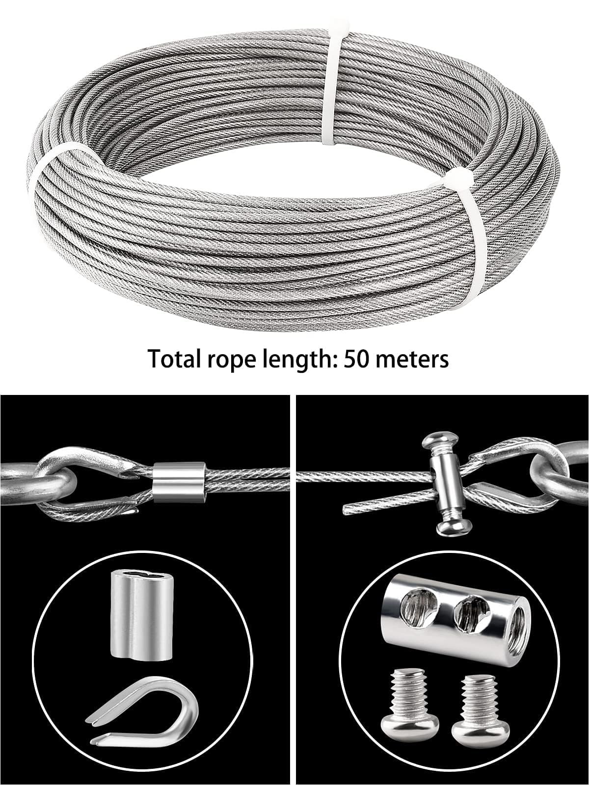 TooTaci 3 mm roestvrijstalen kabelset, 50 m staalkabel, 3 mm roestvrij staal, 3 mm staalkabel ommanteld van pvc, staalkabel met ogen, M3 krimphulzen, kabelklem, kousen, spandraad voor hek, ophangen