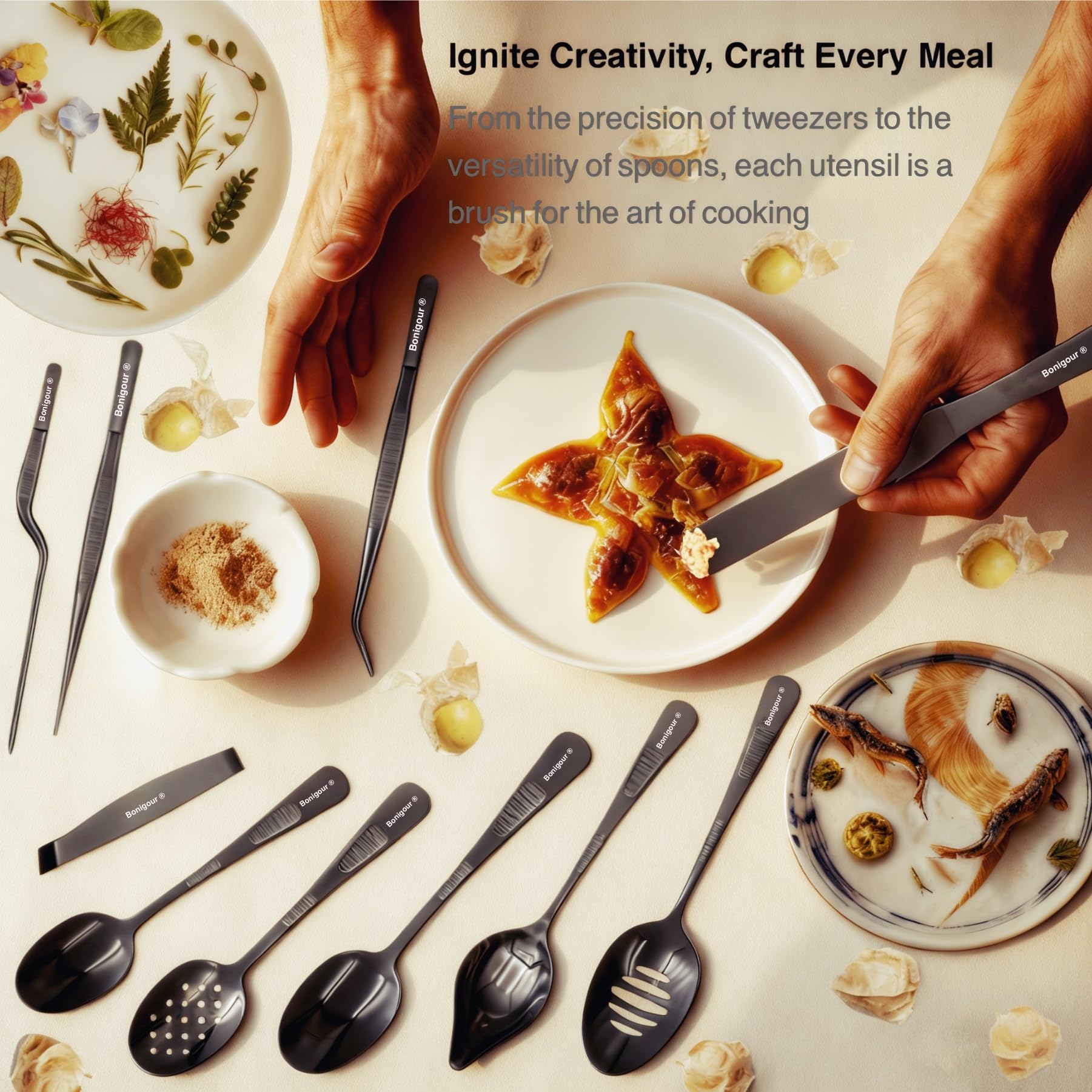 Juego culinario de herramientas de chapado, kit profesional de 11 piezas de herramientas de chapado de chef profesional, utensilios de cocina, arte alimentario de cocina modernista, acero