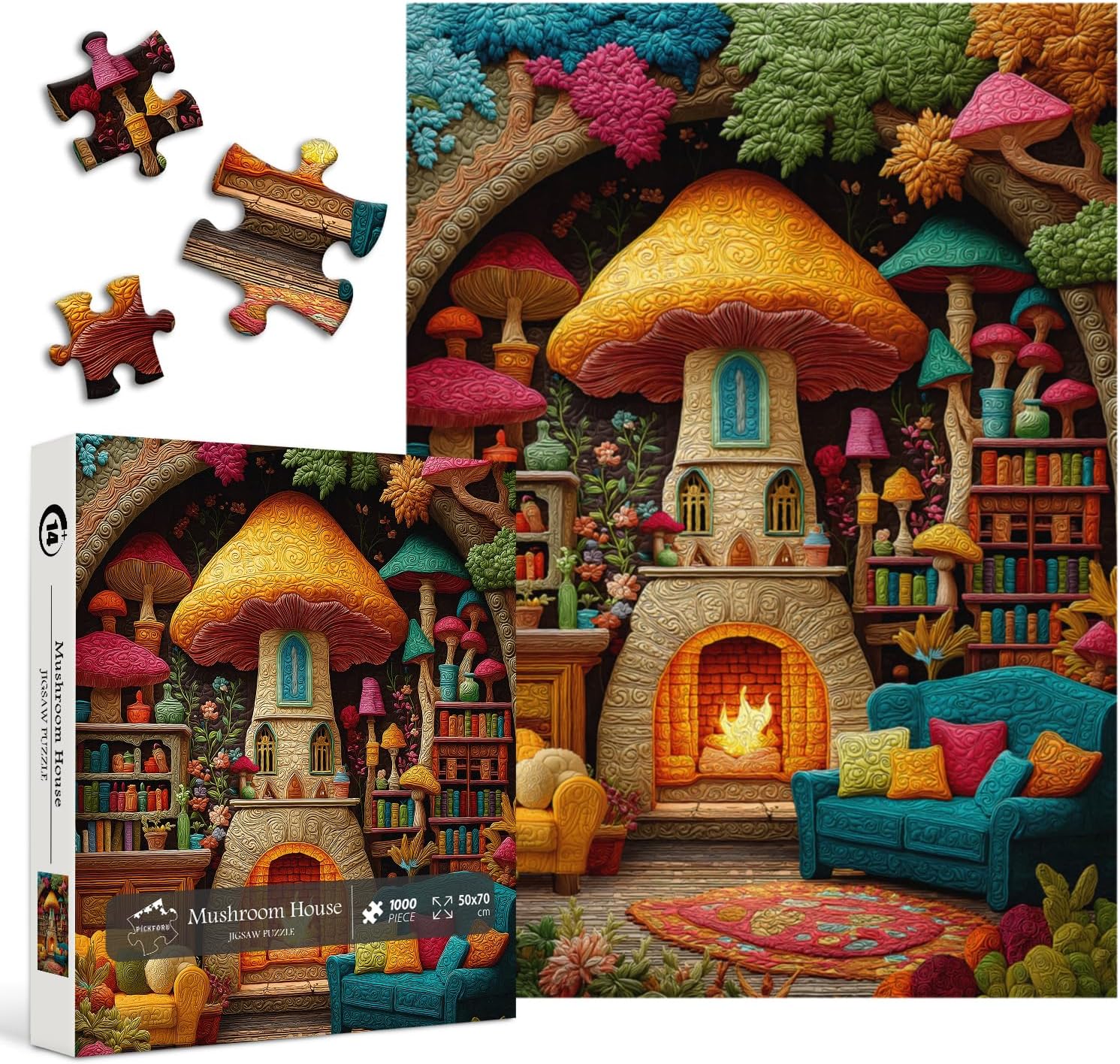 Mushroom Treehouse Puzzles for Adults, PICKFORU Colorful Patchwork Fireplace Bookshelf Jigsaw Puzzles 1000 Pieces, Embroidery Quilting Art Books House Puzzle