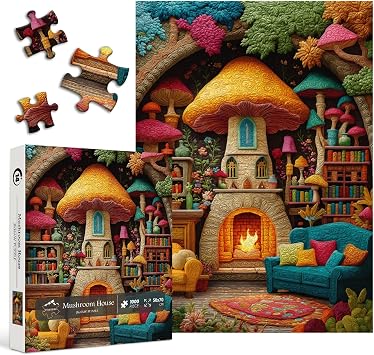 Mushroom Treehouse Puzzles for Adults, PICKFORU Colorful Patchwork Fireplace Bookshelf Jigsaw Puzzles 1000 Pieces, Embroidery Quilting Art Books House Puzzle