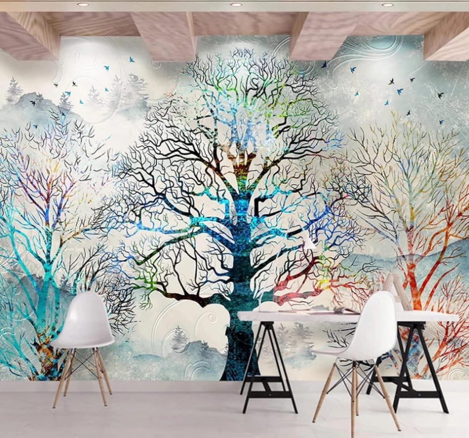 Hand Drawn Watercolour Forest Birds in Flight Landscape 3D Wallpaper Easy Install Feature Office Living Room Sofa Bedroom TV Background Wall Decoration-300cm×210cm