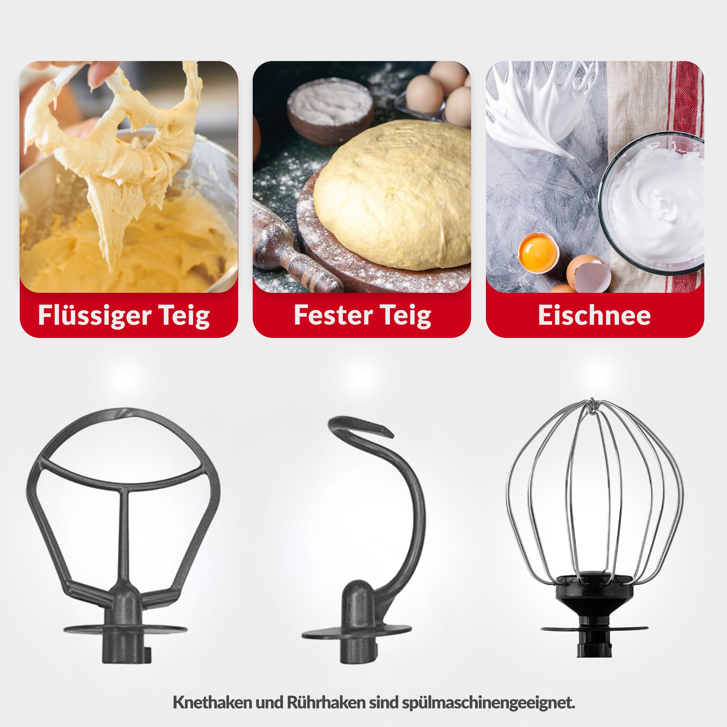 LEHMANN Küchenmaschine 3 in 1 mit Fleischwolf & Glasmixer 1,5L, Knetmaschine mit 5L Edelstahlschüssel, Planetarischem Rührsystem, 6 Stufen + Pulse, Teigmaschine für Brot, Pizza & Kuchenteig