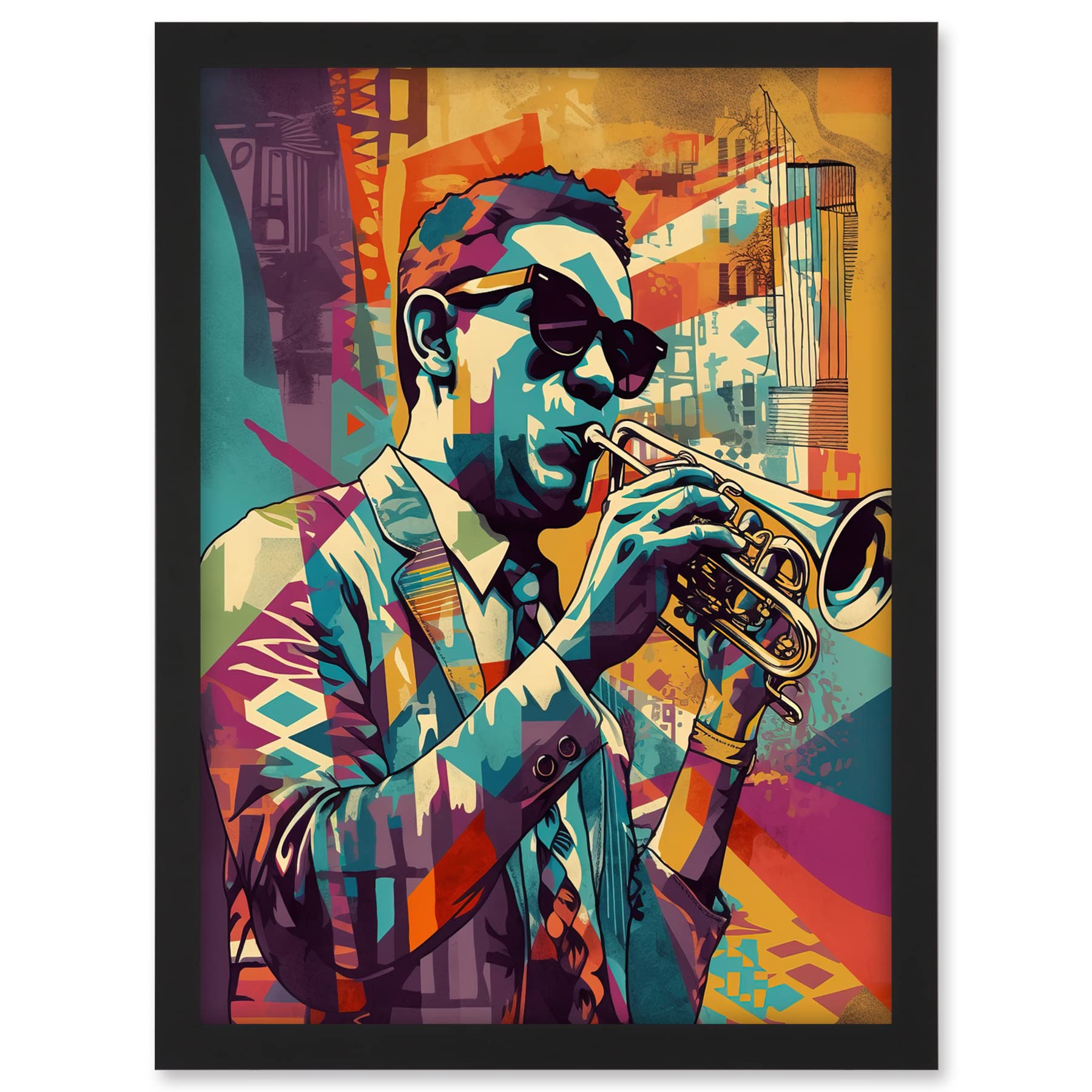 Artery8 Trumpet Player Jazz Musician with Sunglasses Modern Colour Linocut Print Artwork Framed A3 Wall Art Print