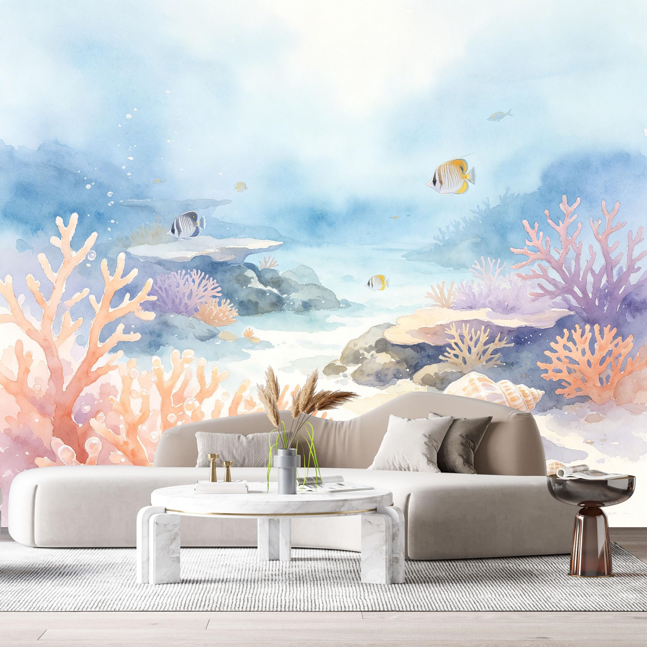 Custom Size Wall Murals Marine Ocean Watercolor Coral Reef Tropical Fish Seashell SelfAdhesiveWall Fabric Removable Wallpaper Wall Decor for Living Room Bedroom Bathroom