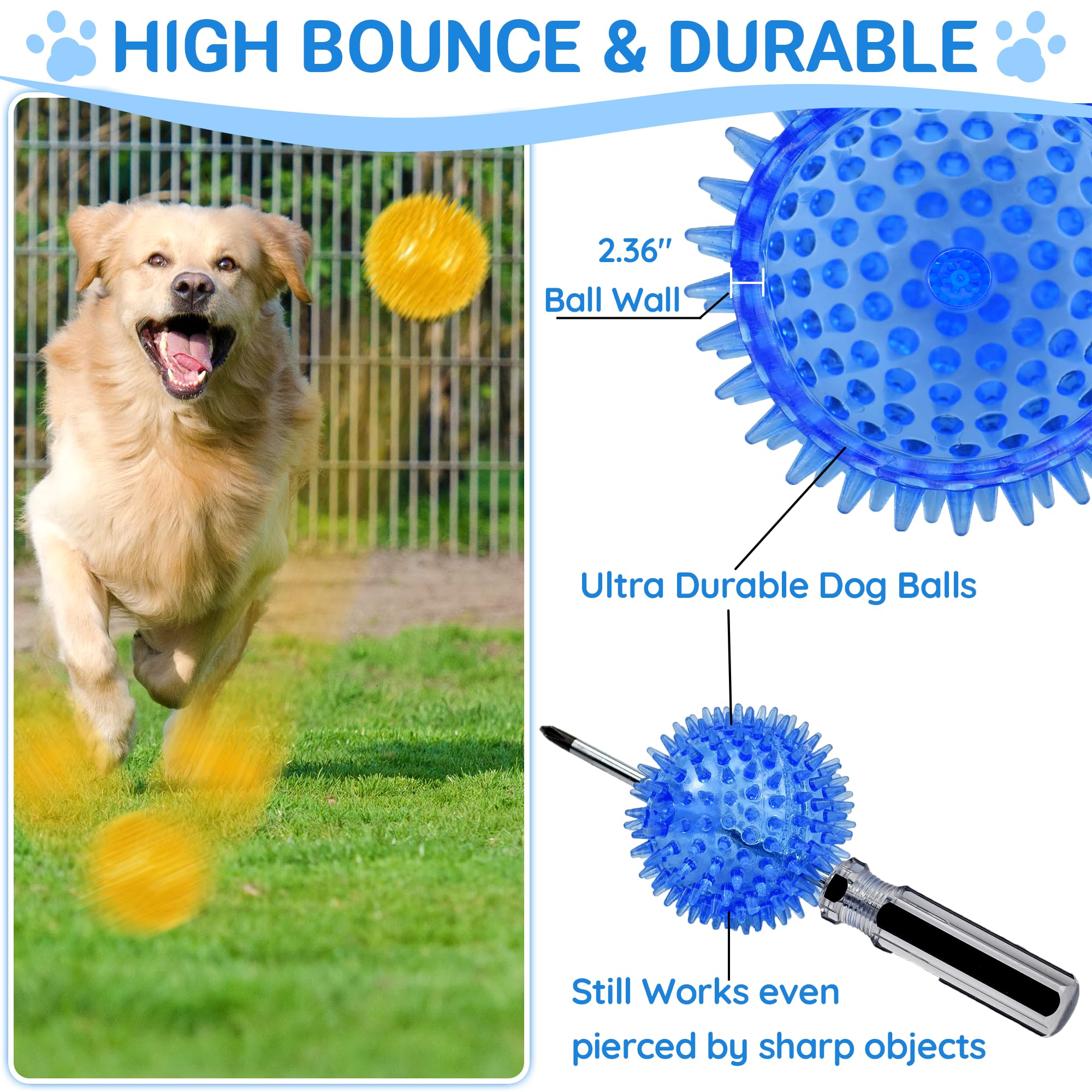 LECHONG Lot de 4 Grandes balles couinantes pour Chiens, 12 cm balles piquées résistantes, Jouet à mâcher pour Mastication Agressive, Nettoyage Dentaire et entraînement