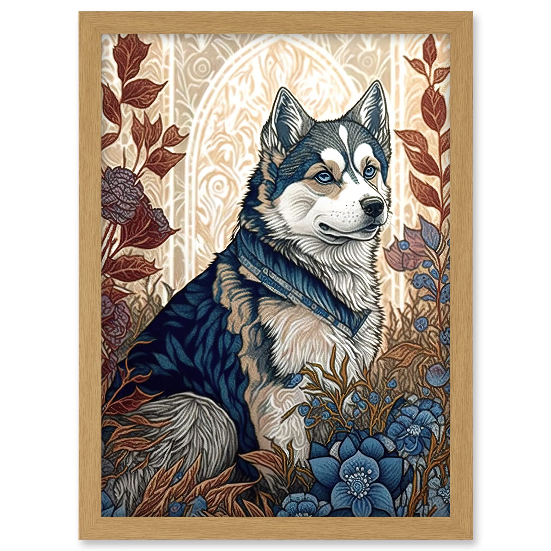 Artery8 Siberian Husky Dog in Autumn Flower Field Modern Art Nouveau Illustration Artwork Framed A3 Wall Art Print