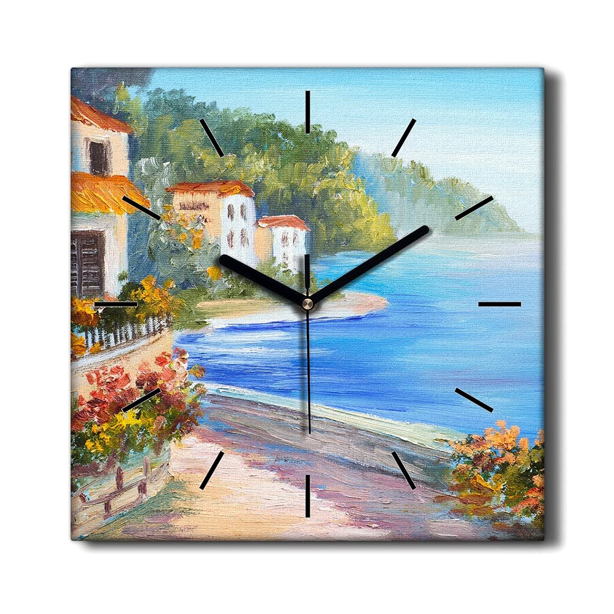 Horloge sur Toile 30x30cm Coloray Fleurs Côte Ciel Mer sans Tic-Tac pour Salon