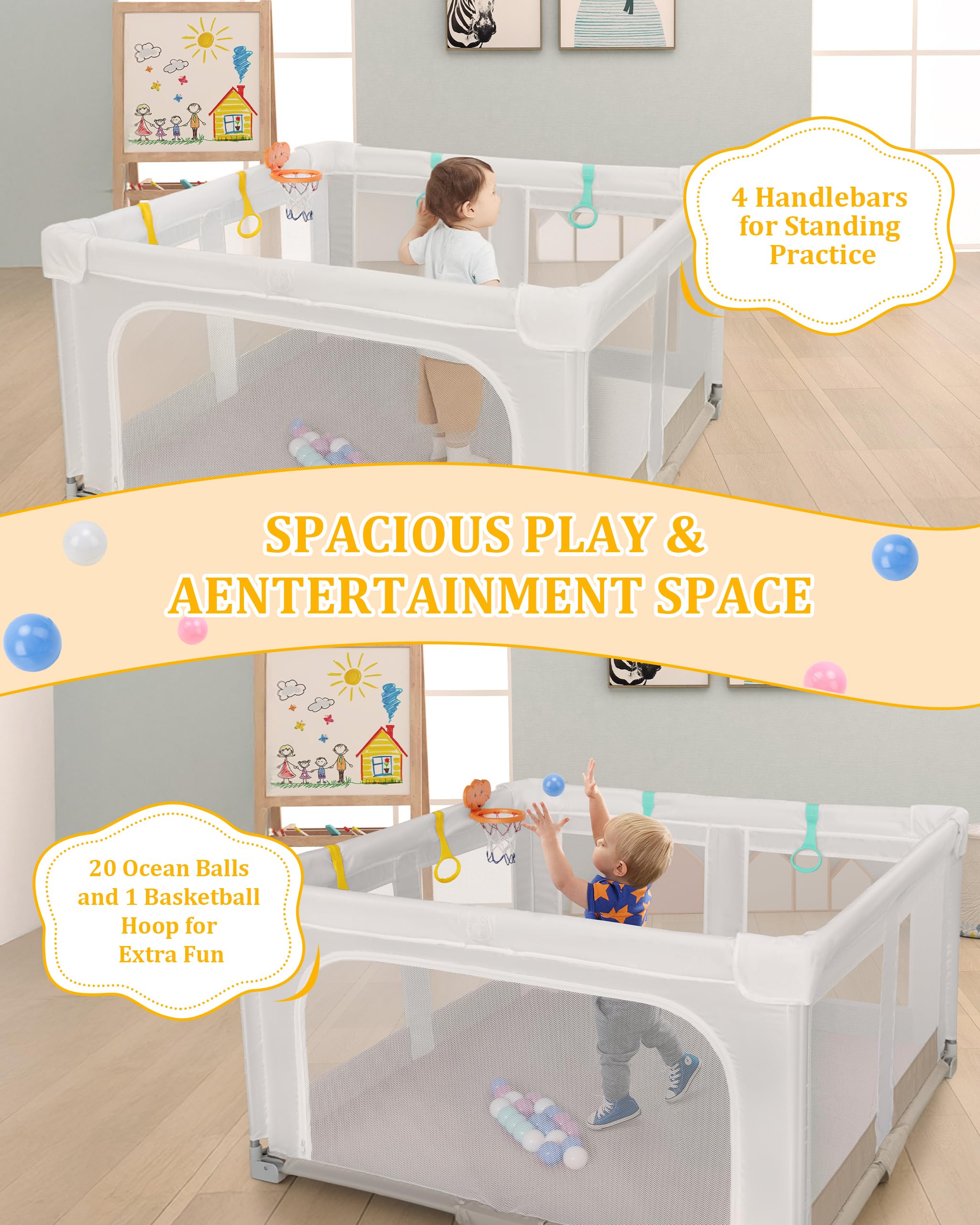 Grand Parc Pliable pour Bébé avec Tapis de Jeu:127x127x70cm pour l'intérieur et l'extérieur,Avec 20 Balles Océaniques,1 Panier de Basket,4 Poignées et 1 Sac de Transport