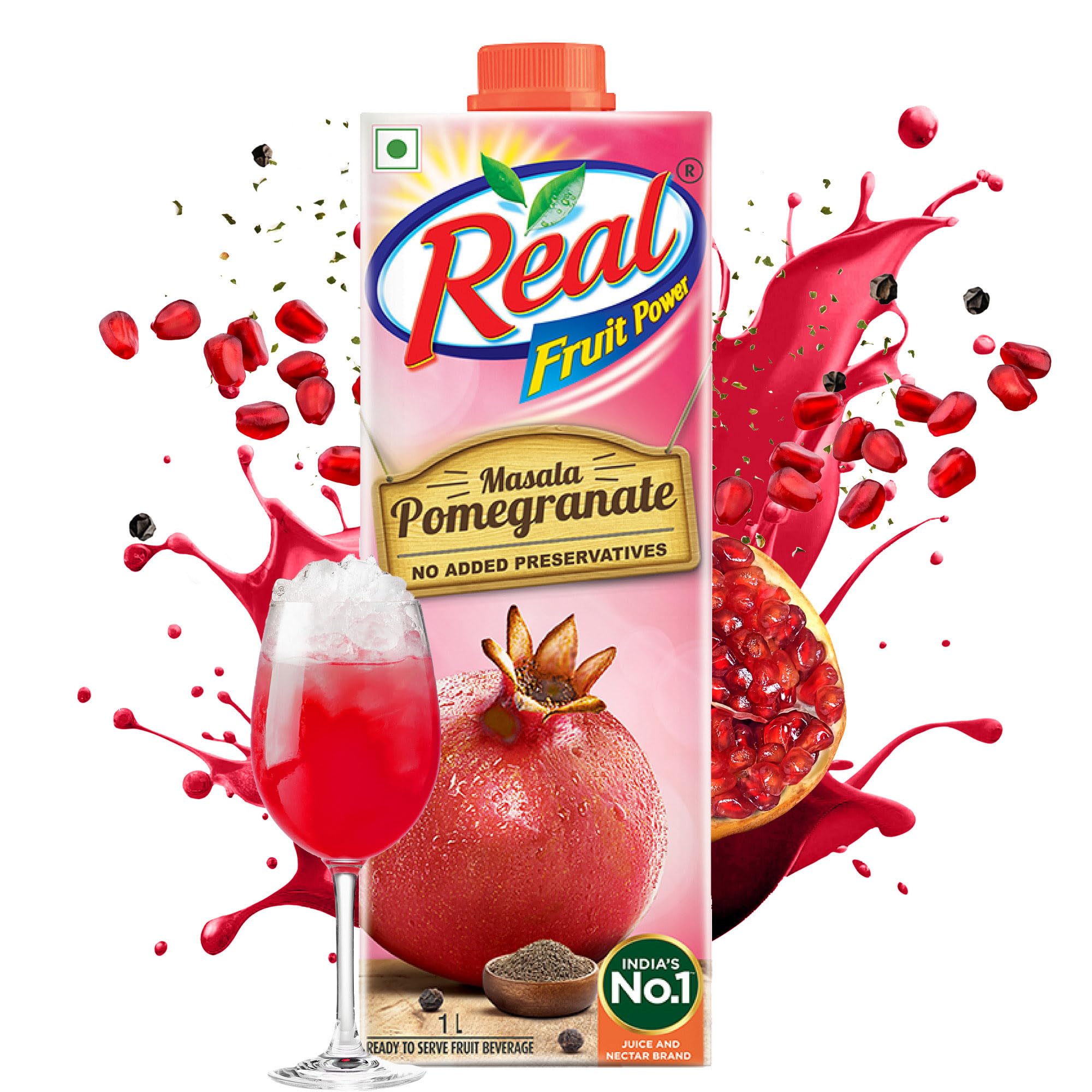 Real Masala Pomegranate Fruit Juice - 1L | No Added Preservatives, Artificial Colours & Flavours | Goodness of Best Pomegranates with Chatpata Masala | Tasty, Refreshing & Energizing