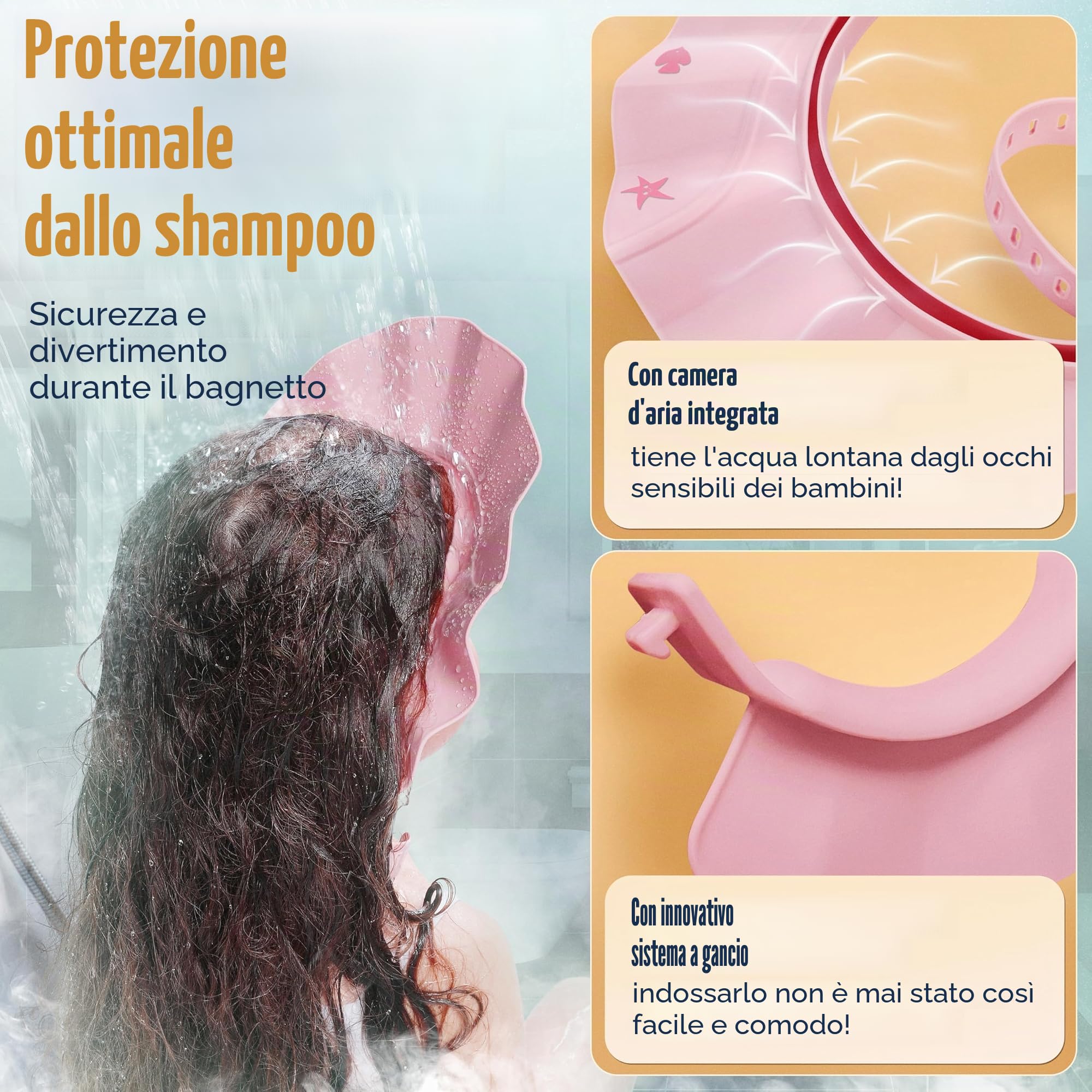 Cuffia da doccia per bambini, estremamente impermeabile e confortevole, aiuto per il lavaggio dei capelli per bambini, con tecnologia di chiusura extra leggera
