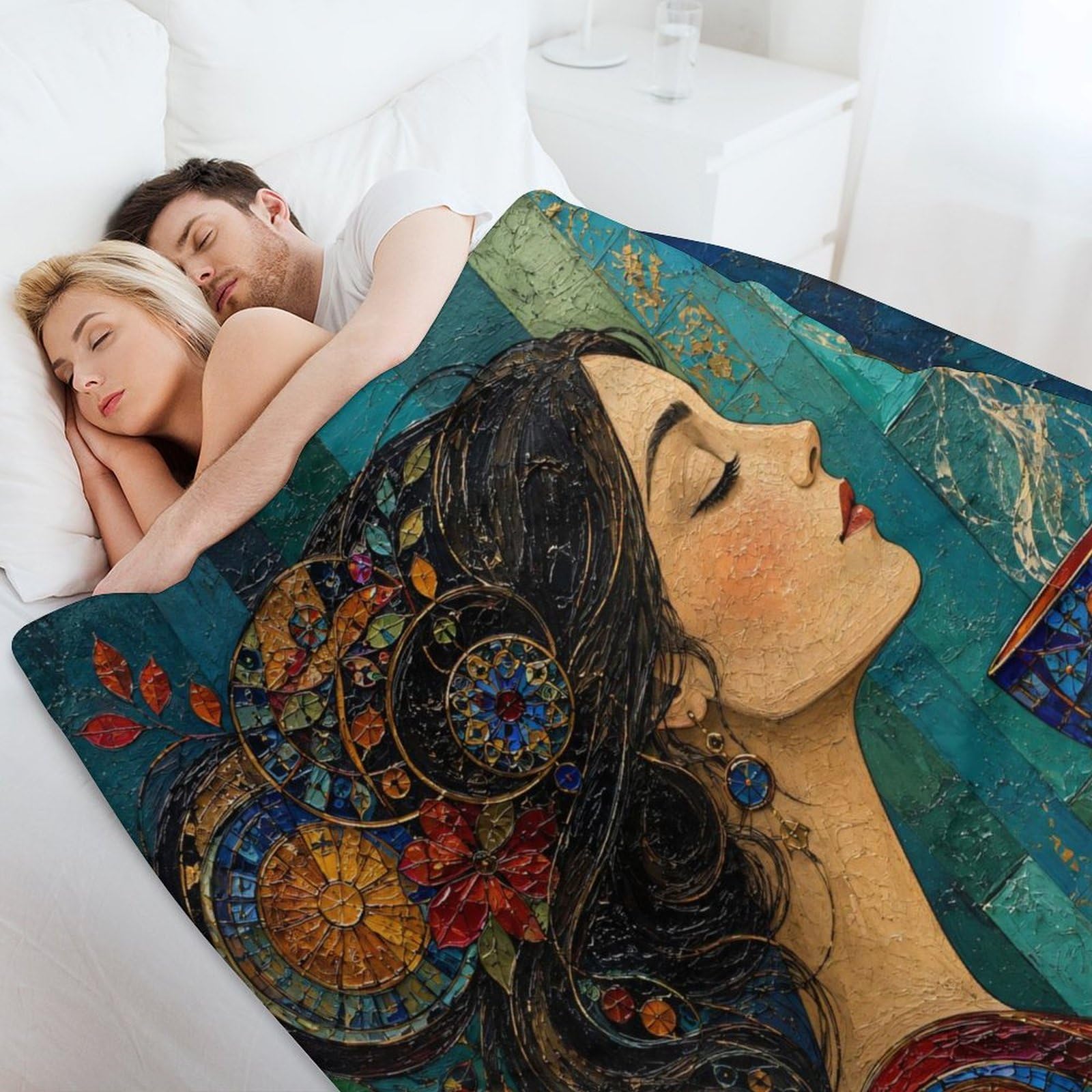 Donna con tazza da tè Coperta Arte del mosaico Coperta TV Calda | coperta divano morbida con Gioiello bizantino, per divano, letto, relax quotidiano, 175x200cm(70x80in)