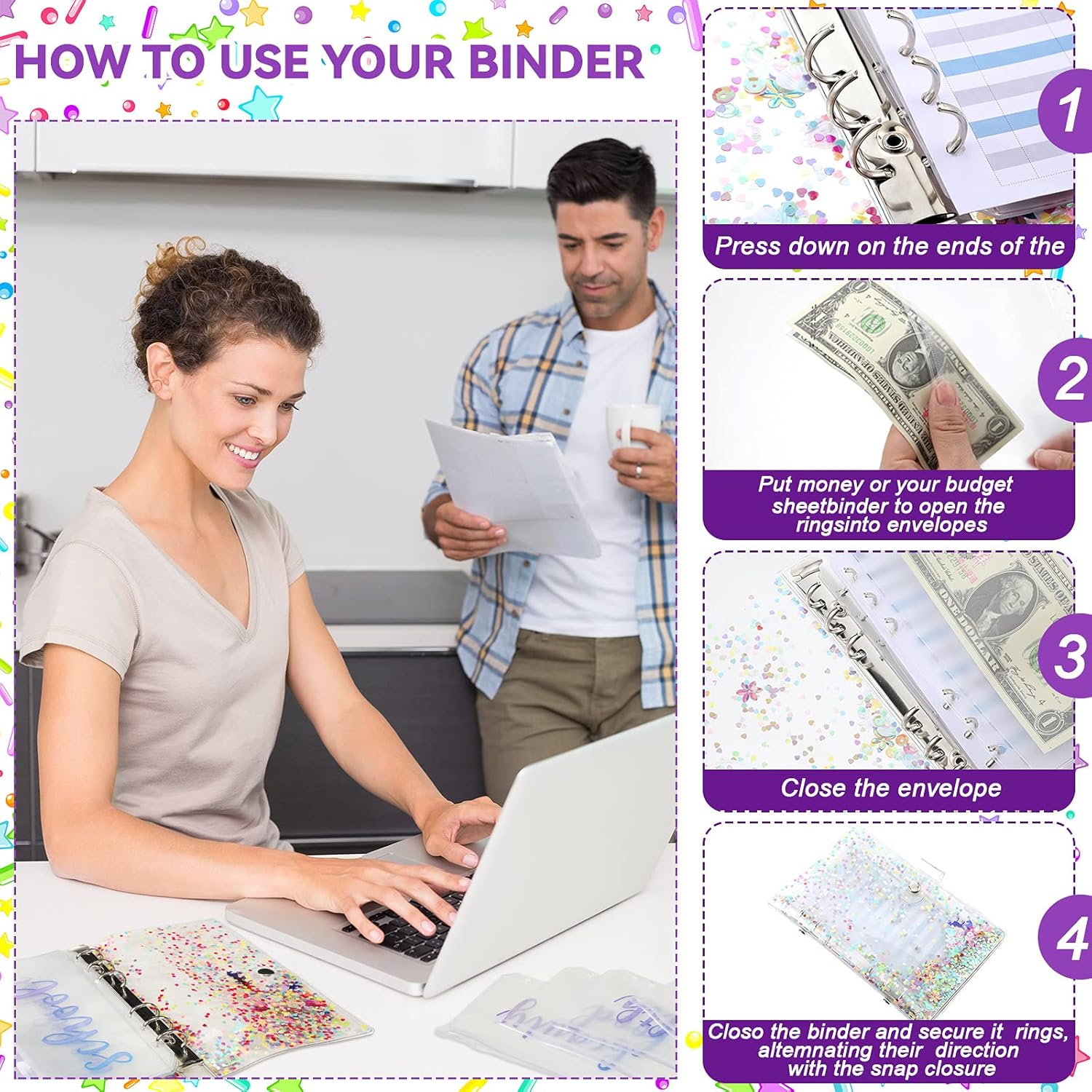 PVC A6 Budget Binder Budget Planner Organizer with 12 Pieces Cash Envelopes Budget Envelope Budget Sheets Expense Tracker and Cash Envelope Wallet System Wallet for Bill Planner (Colorful Sequins) : Office Products