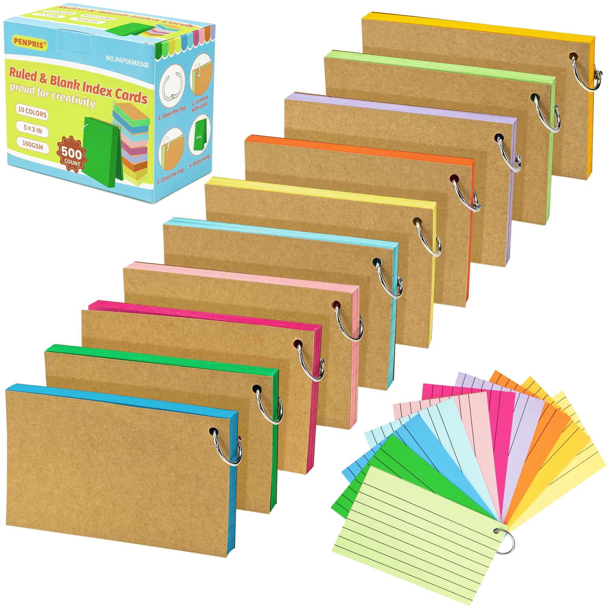 Sponsored Ad – 500PCS Colored Index Cards with Rings - 10 Colours 5"x3" One Side Lined One Side Blank - Revision/Record/Flash Note/Study Cards/Memo Scratch Pads/to Do List for Office School Home PAP06MX500