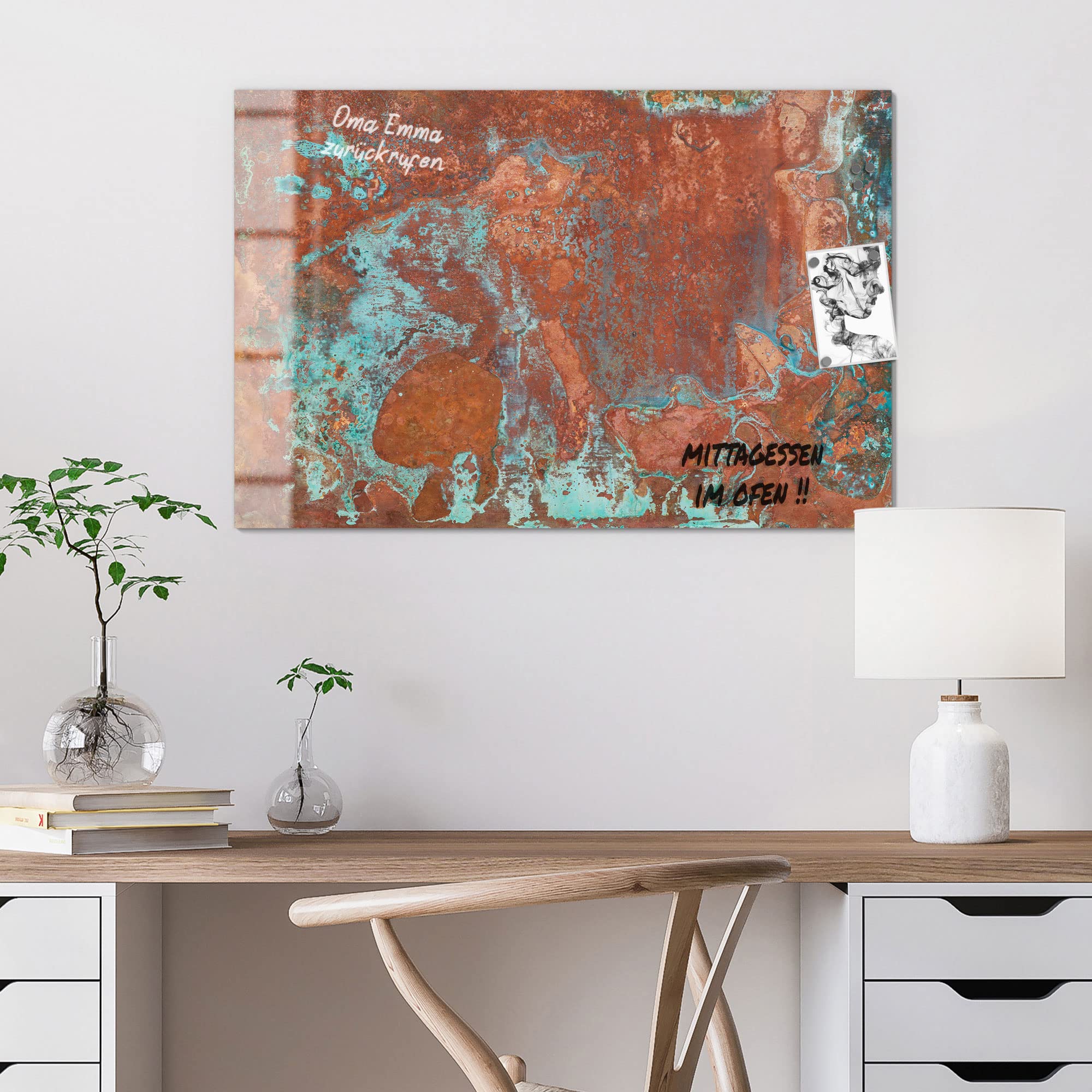 DEQORI Glas-Magnettafel | 90x60 cm groß | Motiv Rostige Kupferplatte | Memo-Board aus Glas | Magnetboard inkl. Magnete, Stift & Tuch für Küche & Büro | Tafel magnetisch & beschreibbar
