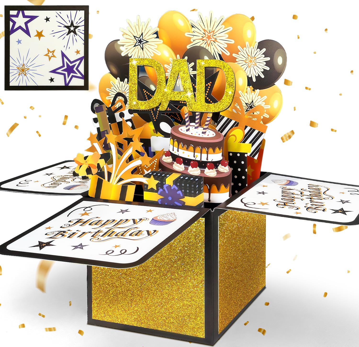 Happivue Dad Birthday Card, 3D Black Gold Pop Up Daddy Birthday Card, Personalised Gifts for Dad from Son Daughter, Popup Gifts Box Greeting Card for Men, Decoration Keepsake Gift for Daddy