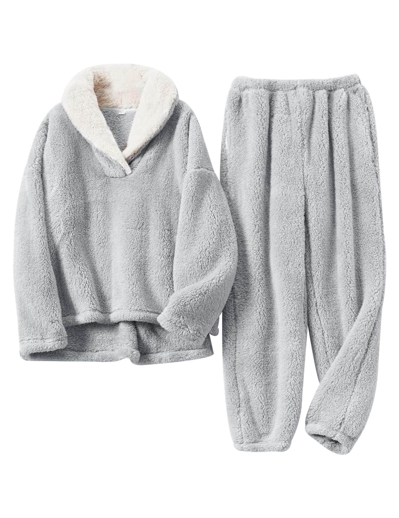 Gihuo Women' s Fluffy Pajamas Set Fleece Pullover Pants Loose Plush Sleepwear 2 Piece Pjs Set Warm Loungewear Fuzzy
