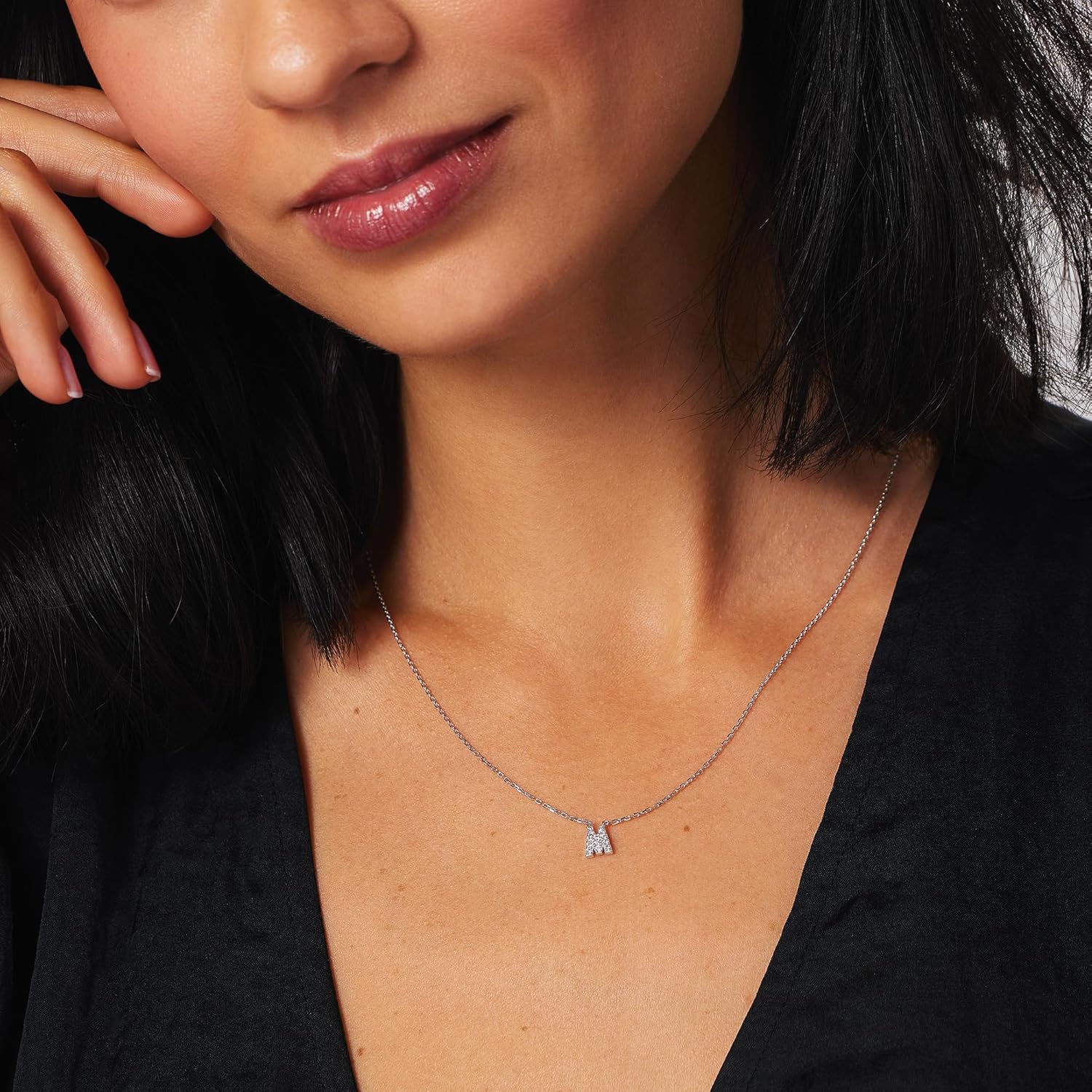 JTV Sterling Silver Initial Necklace for Women, 0.13 CTW White Cubic Zirconia Letter Pendant, Rhodium-Plated, Personalized Monogram Jewelry, Gift Box Included, 18” - Image 2