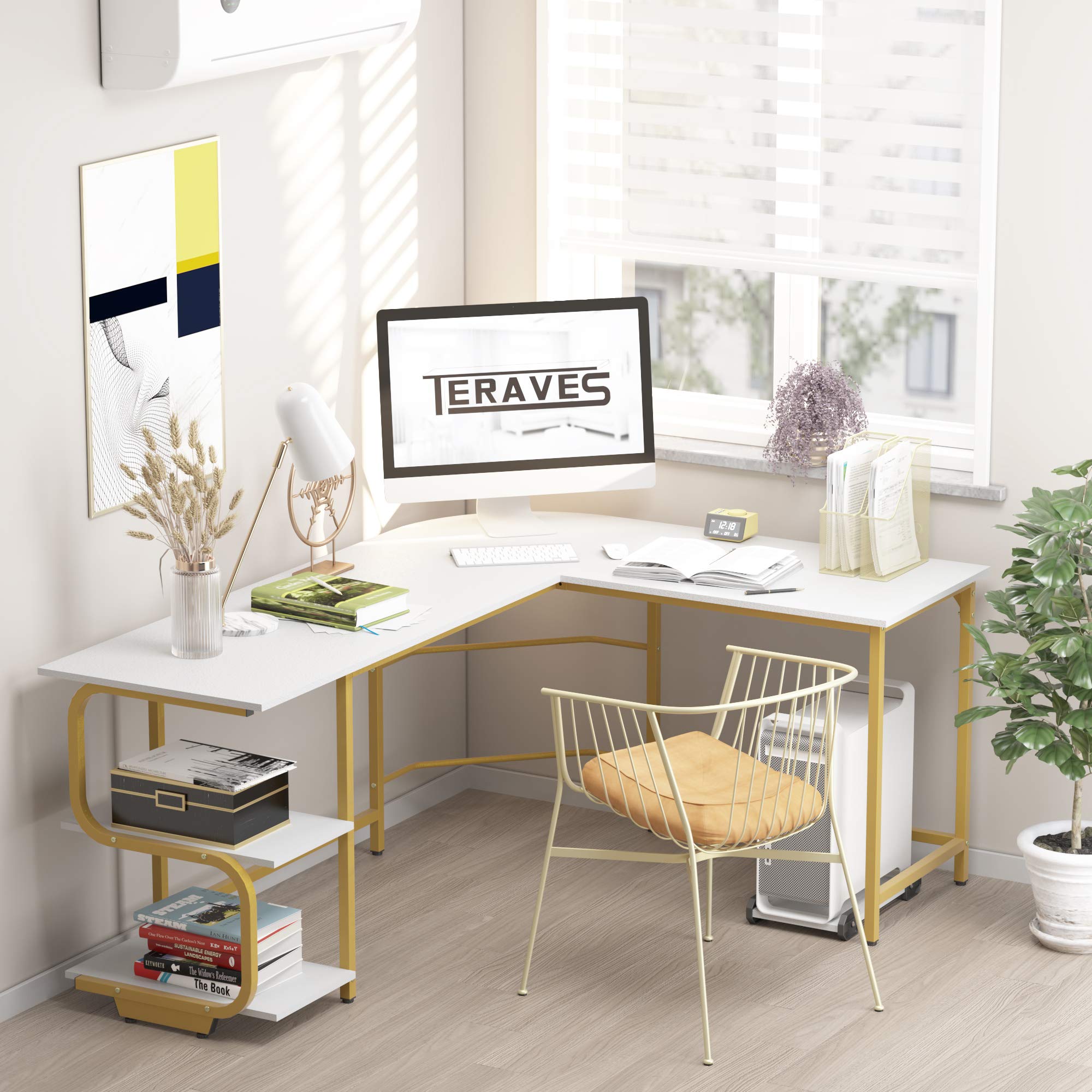 Buy Teraves Reversible L Shaped Desk with Shelves Computer Desk Gaming