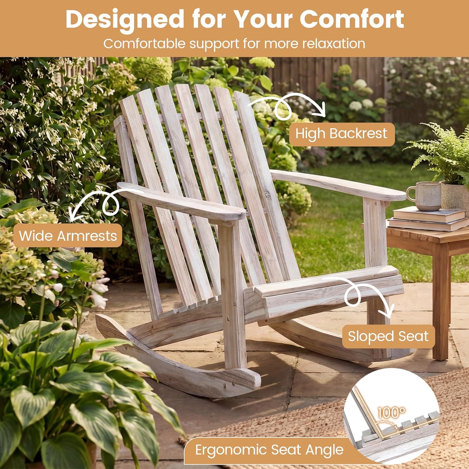 HAPPYGRILL Adirondack Rocking Chair Acacia Wood Porch Rocker with High Backrest, Wide Armrests and Sloped Seat, Outdoor Rocking Chair for Patio, Lawn, Garden and Deck, 400 lbs (2)