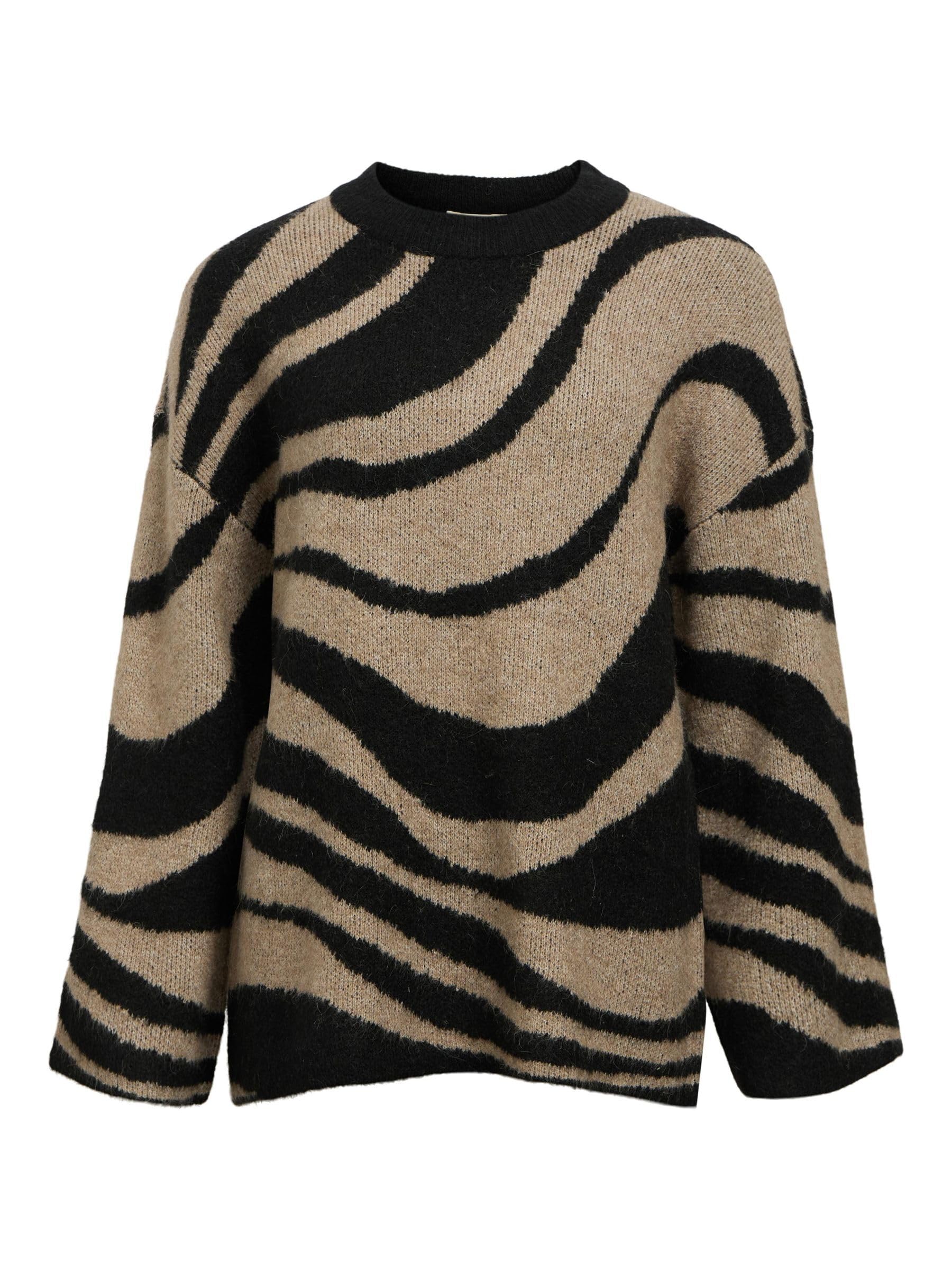 Object OBJDIANA LO L/S Knit Pullover Noos, Black/Pattern: Zebra Desert Taupe, M/L