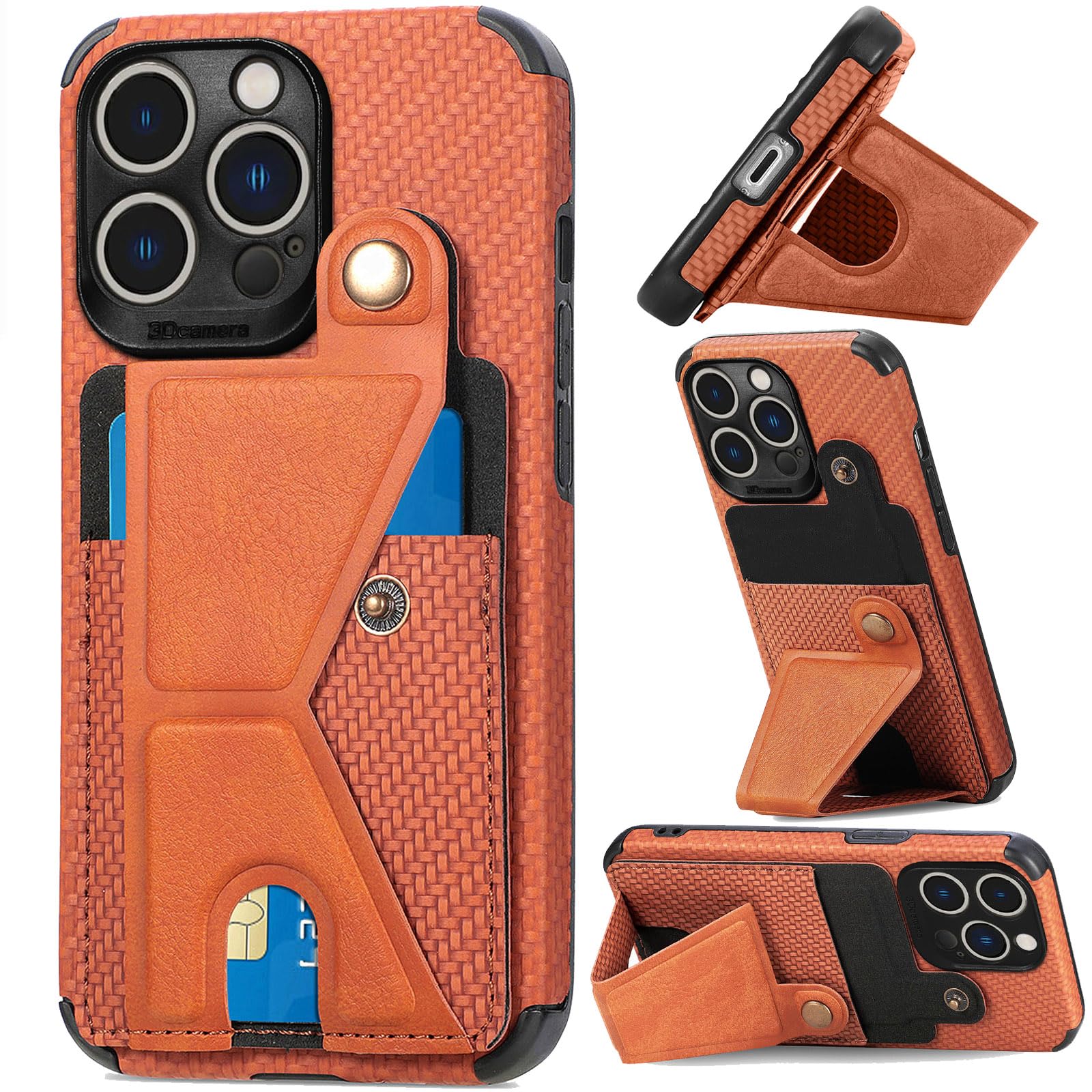 GuluGuru for iPhone 12 Pro Max Leather Phone Case Weave Pattern Back Cover, Flip Folding Kickstand Bracket Ring, Classic Buckle Button, Card Holder Slot, Support Magnetic Holder Brown