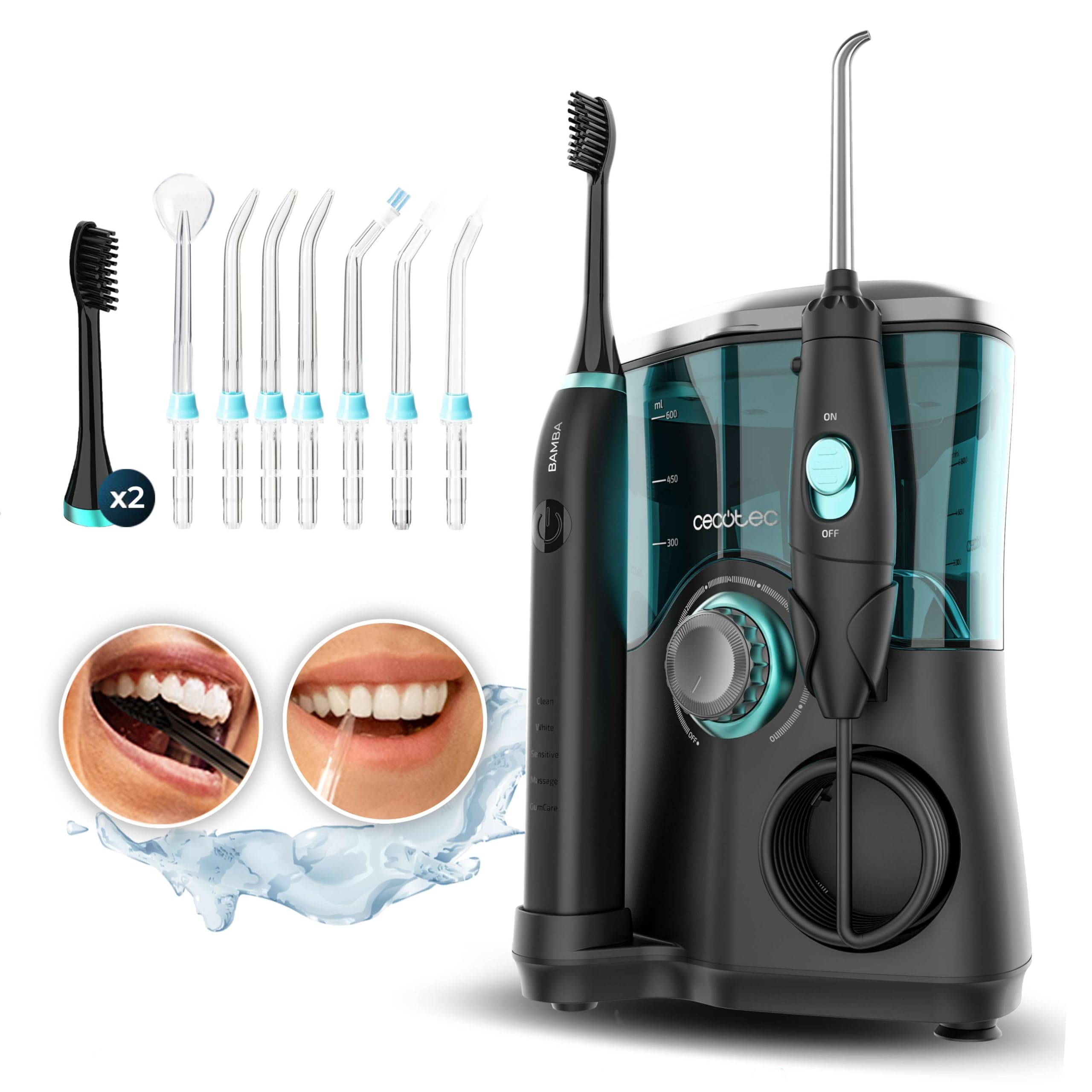 Cecotec Centro de Estación Bucal o Dental Bamba ToothCare Jet Clean. 18W, Irrigador 600ml de Capacidad, 10 Niveles de Presión, 7 Cabezales y Cepillo de Dientes Eléctrico con 5 Modos