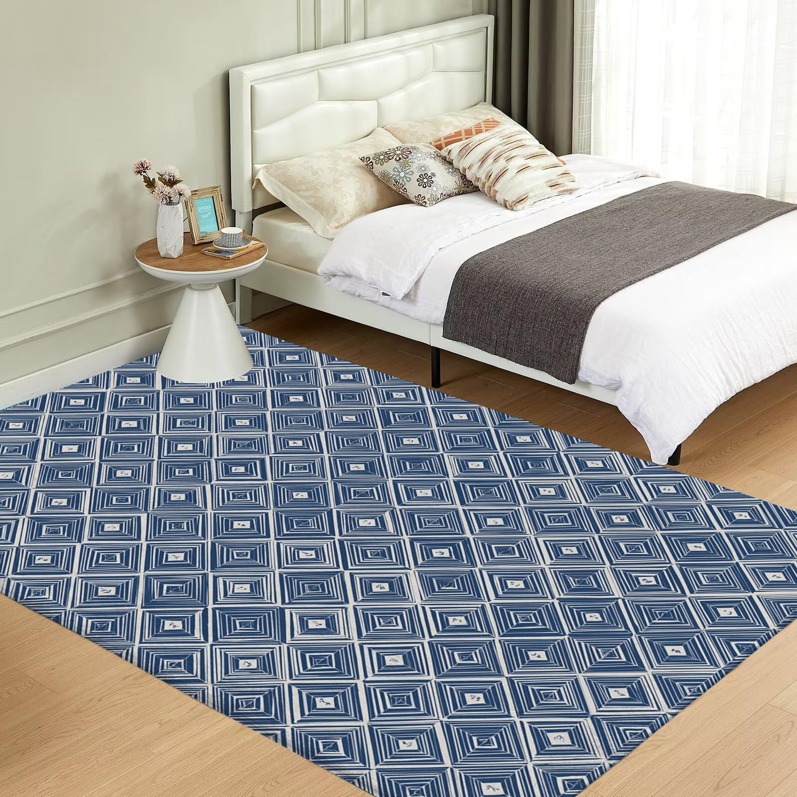 Tapis Lavable Losange Rayé, Antidérapant Géométrie Orientale, Résistant Aux Taches pour Intérieur, Décoration pour Salon, Chambre À Coucher, Bureau - Bleu Marine - 80X150Cm