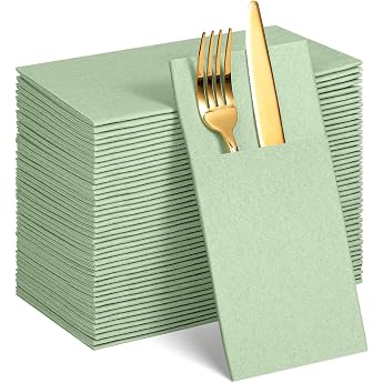 60 Sage Green Linen Napkins with Cutlery Pocket 16 x 16