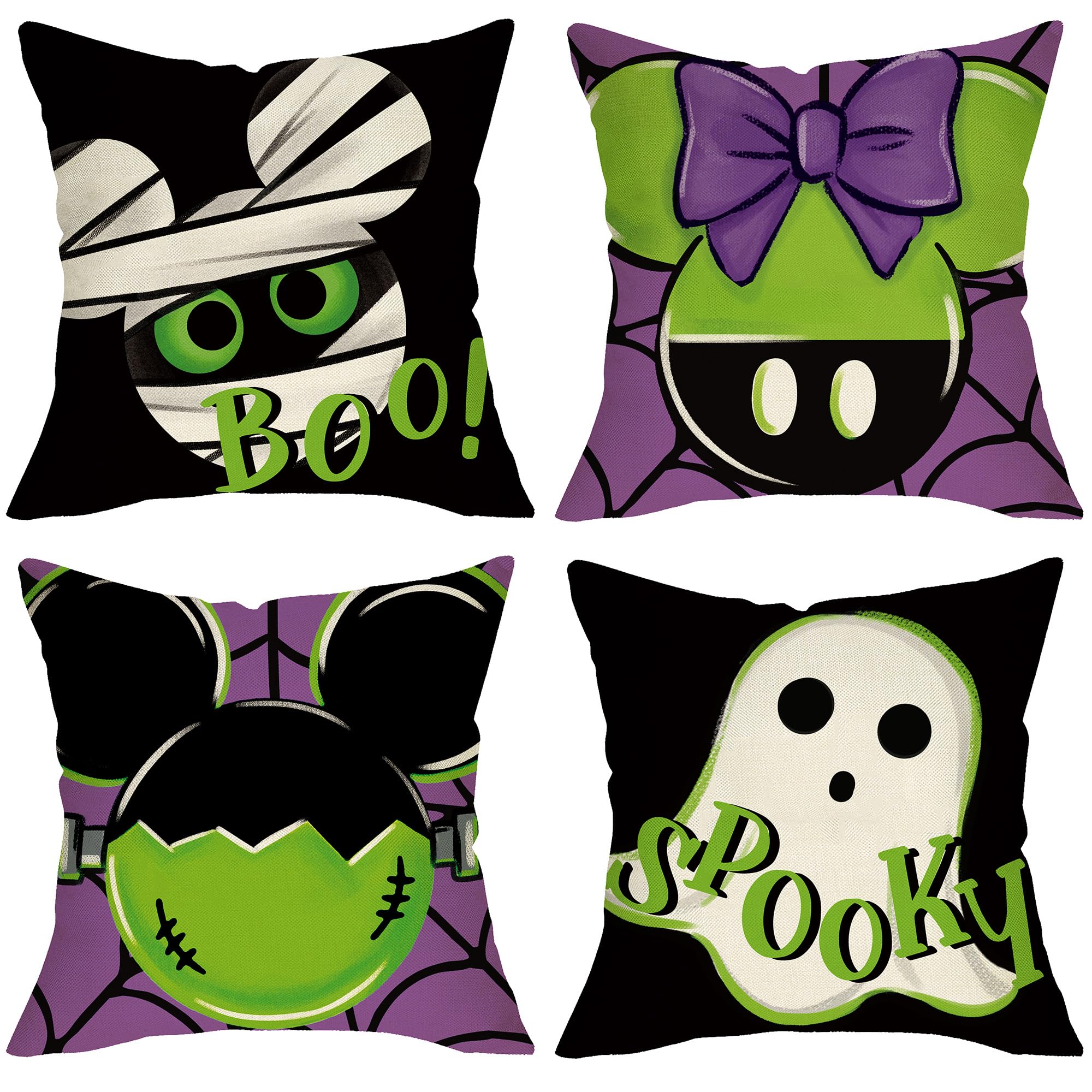 Halloween Decorative Throw Pillow Covers 18 x 18 Set of 4, Spooky Ghost Mummy Boo Porch Outdoor Home Decor, Purple Black Funny Spider Web Couch Cushion Case