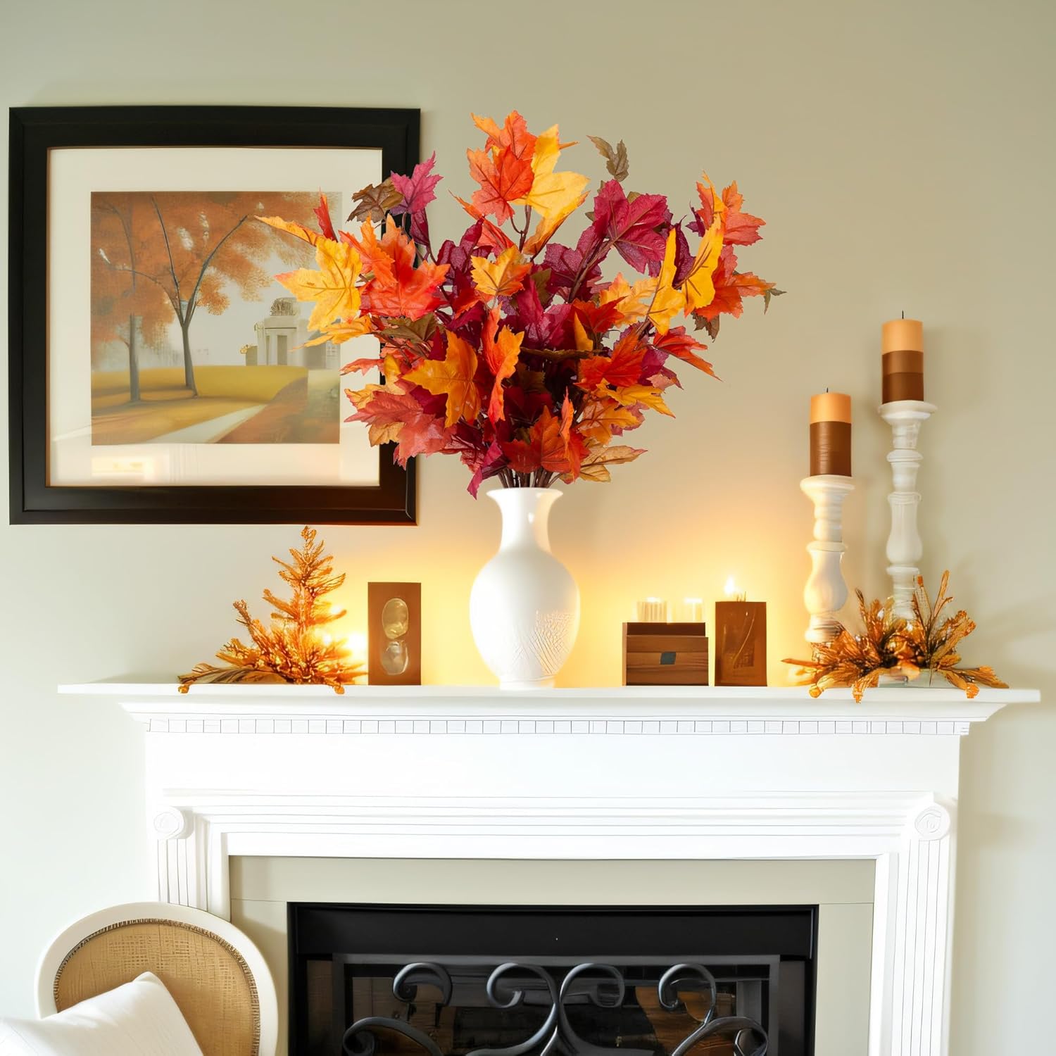 6 Pcs Artificial Maple Leaves Stems 21.6“ Fake Fall Leaves Plants Outdoor Greenery for Home Farmhouse Thanksgiving Table Centerpiece Fireplace Halloween Décor, Orange Red - Image 2