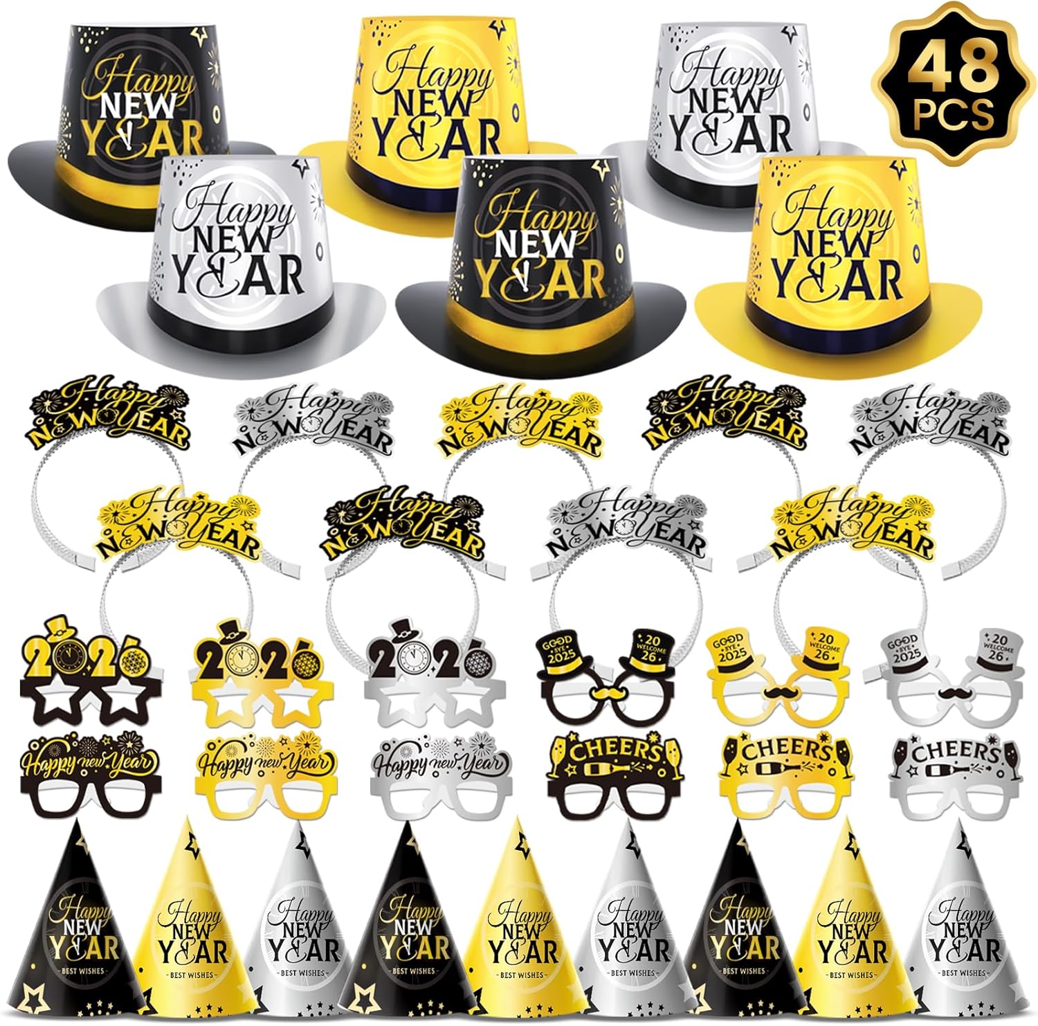 48PCS New Years Eve Party Supplies 2026 for 24 Guests, Happy New Years Decorations Party Favors Includes Top Hats, Tiaras, Glasses Accessories for Adults Kids Nye Decorations 2026