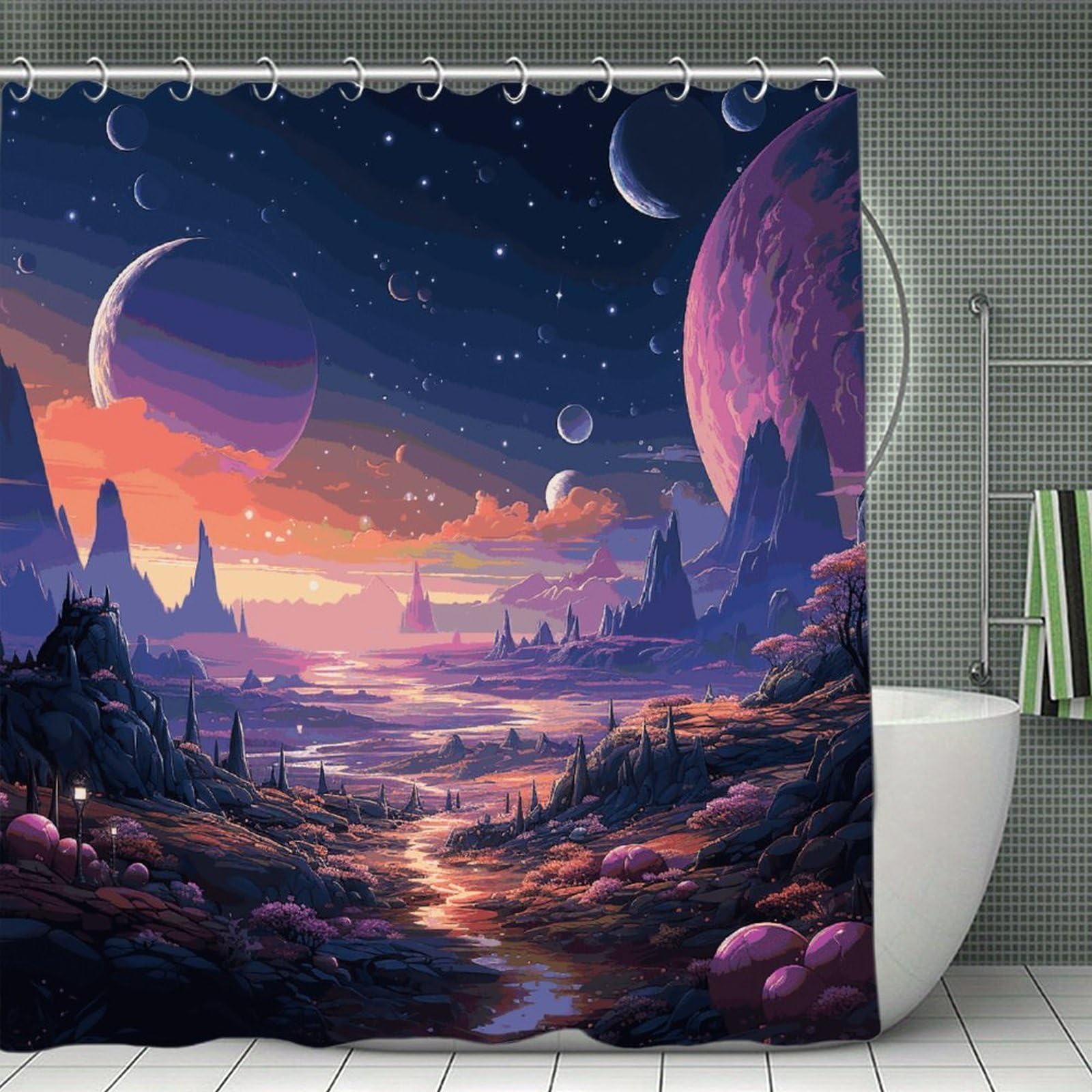 FekiLoot Colorful Retro Space Theme Shower Curtain with Hooks Modern Farmhouse Bathroom Curtain Waterproof Cloth Bath Curtains Cute Washable Blackout Privacy Curtains for Bathroom Bathtub 70.8"x70.8"