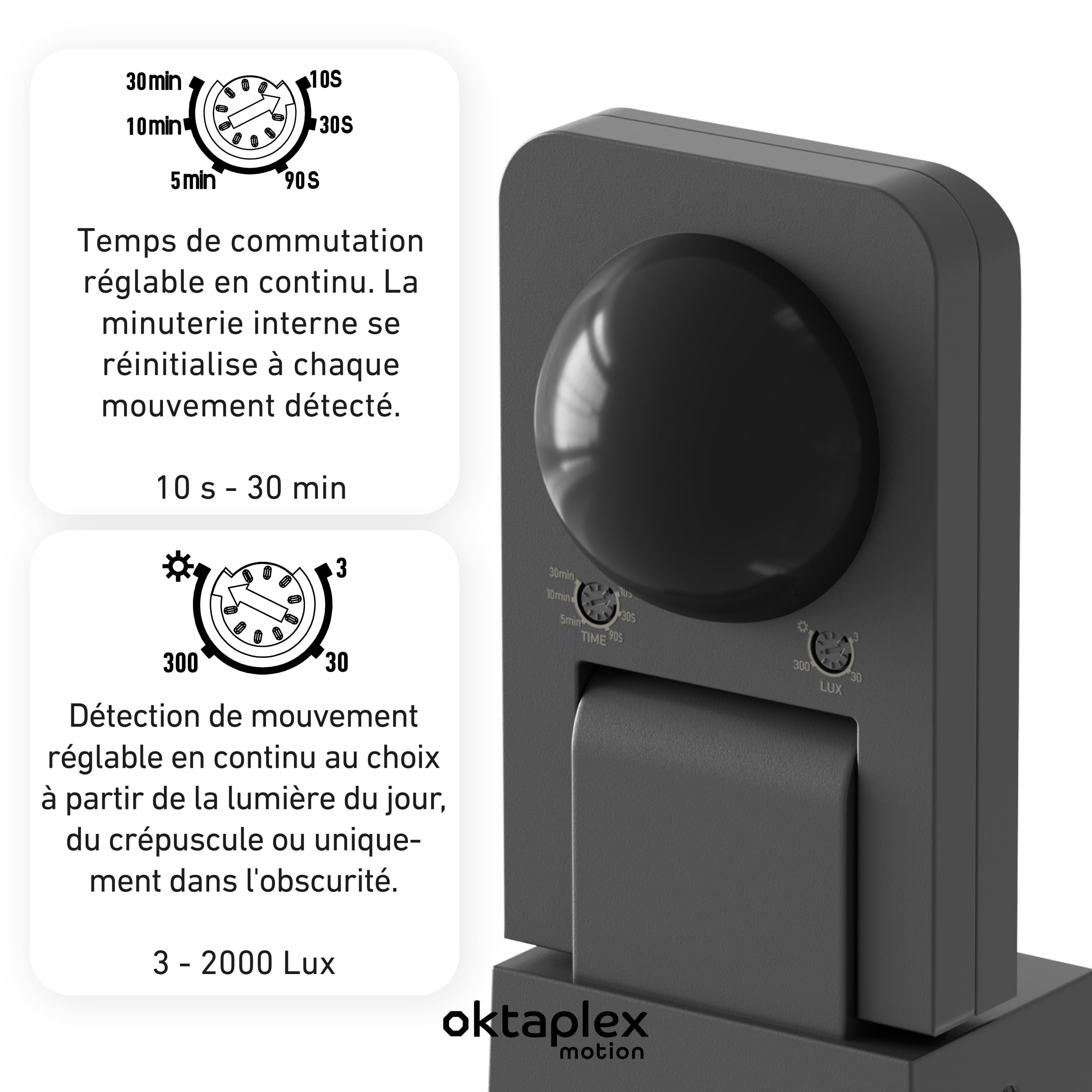 Oktaplex Lot de 2 Tea détecteur Infrarouge Plafond extérieur IP65 | PIR à 360° avec portée de 9 m, orientable avec détecteur crépusculaire pour montage au plafond