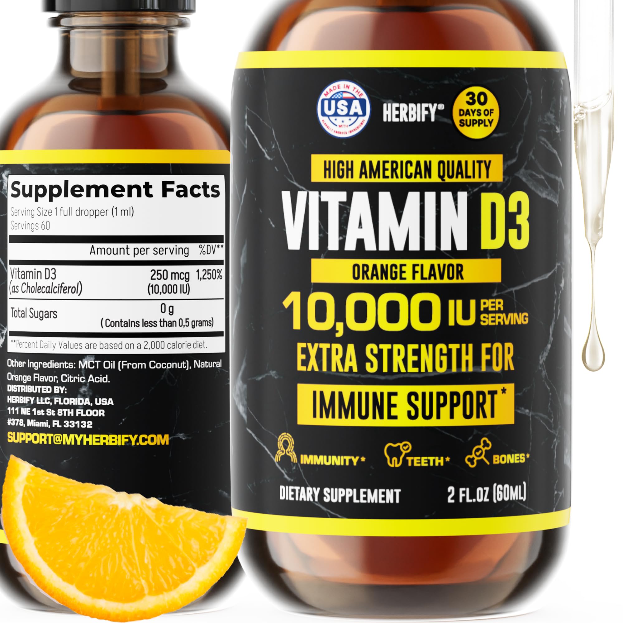 HERBIFY Vitamin D3 10000 IU - Made in USA Liquid Vitamin D Drops - Bone Strength and Immune Support Supplement - Sunshine Replacement - D3 Vitamin Bone and Teeth Supplement - 2 Oz